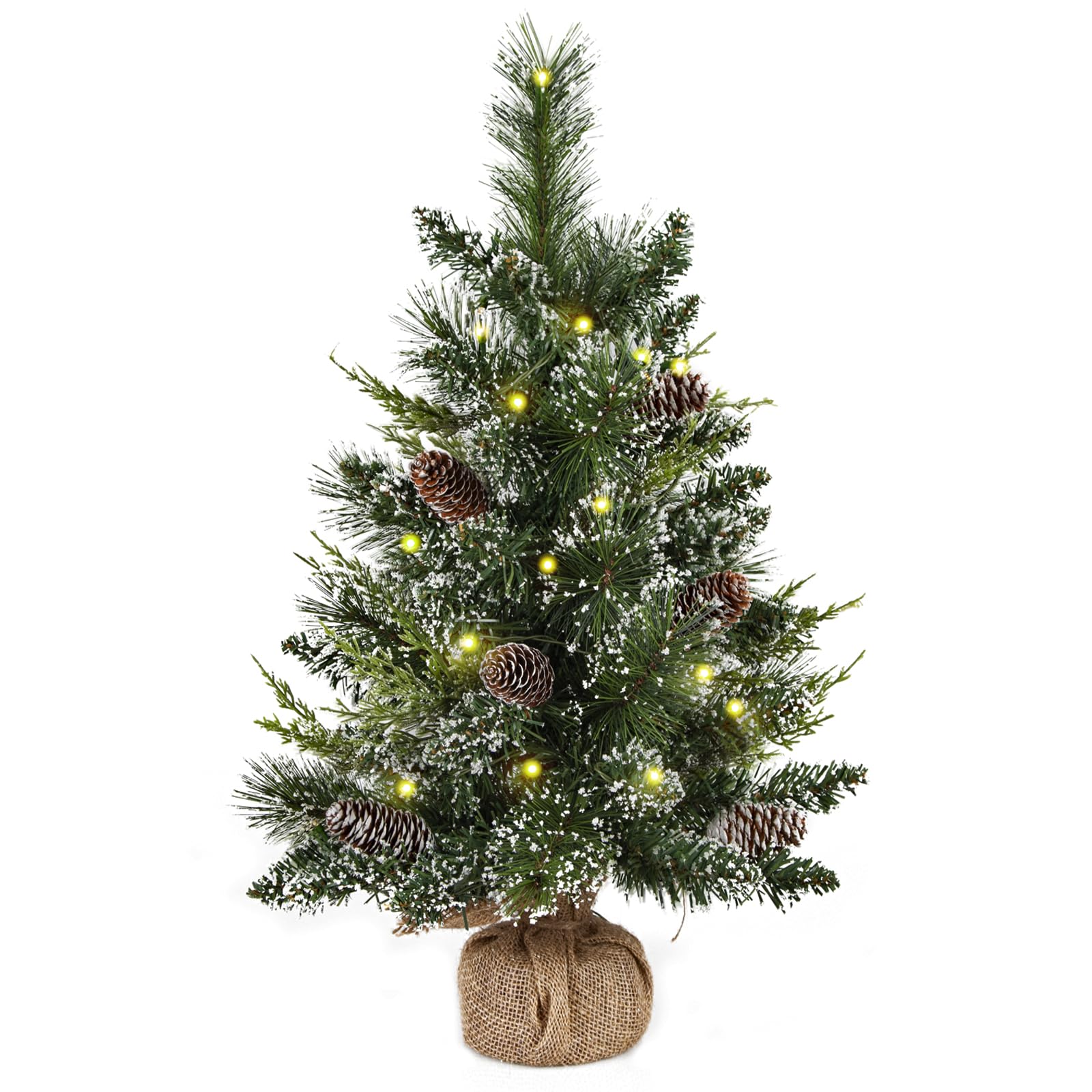Mini sapin de Noël 61 cm illuminé avec pommes de pin et base en tissu deeinglif