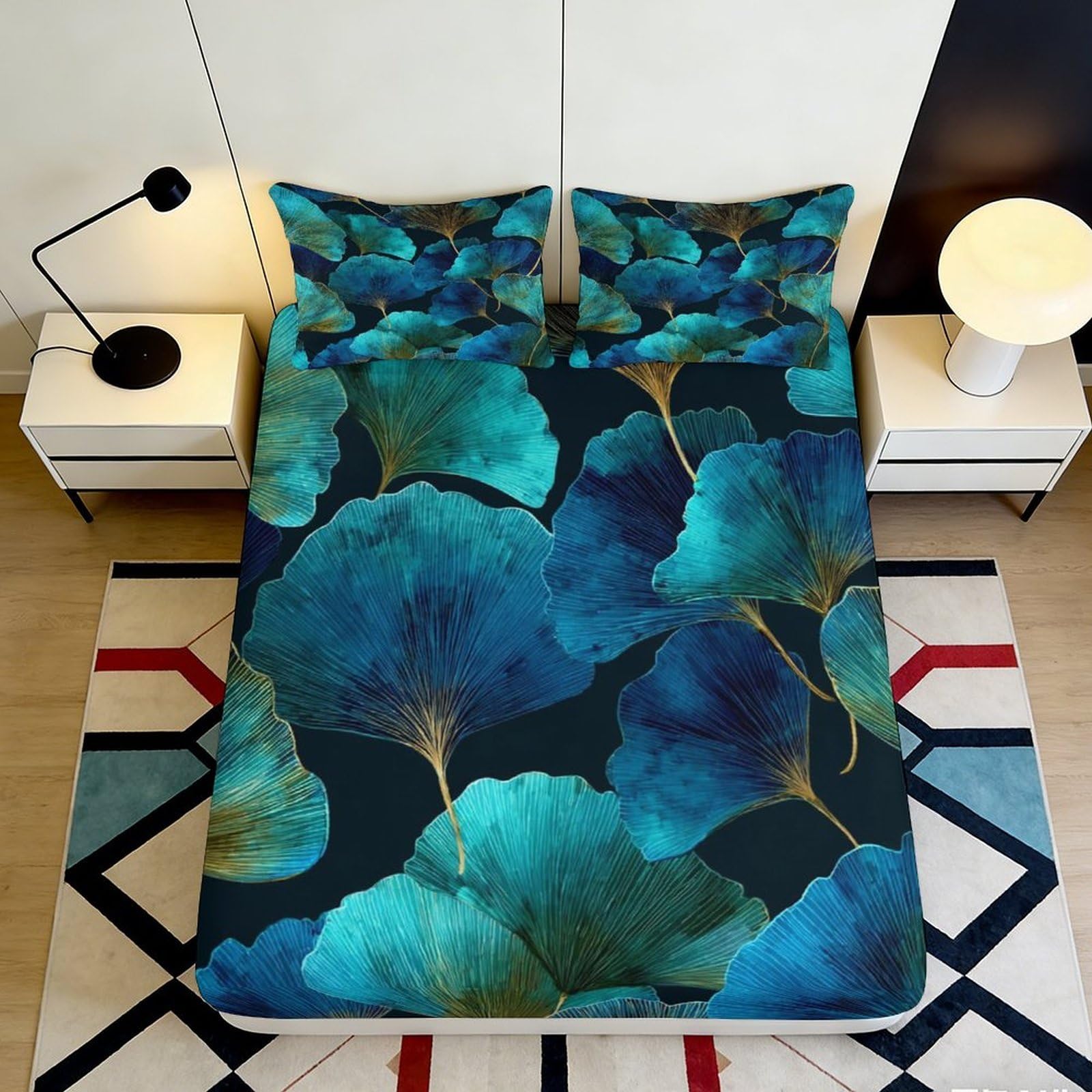 3D Printed Blue Ginkgo Leaf Fitted Sheet Microfiber Mattress Cover Teal Botanical Pattern for Bedroom Dorm Easy Care 160x200x25cm