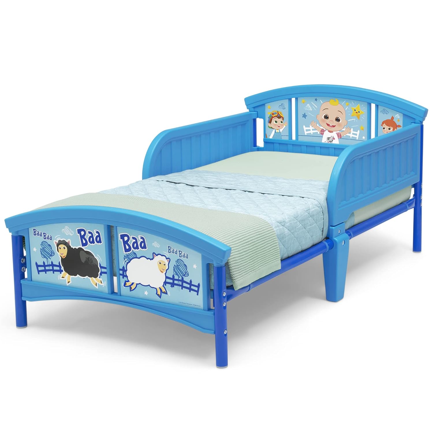 Delta Children CoComelon School Bus Toy Box + Delta Children CoComelon Plastic Toddler Bed (Bundle)