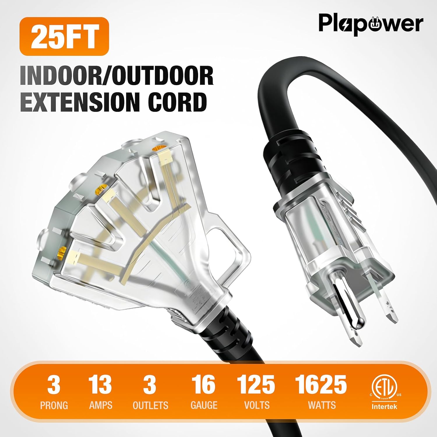 25 FT 16/3 Gauge Outdoor Extension Cord with Multiple Outlets Light Indicator, Flexible 3 Outlets Splitter Weatherproof Heavy Duty Extension Cord Waterproof, 13A 1625W 16AWG SJTW, ETL Listed (Black)