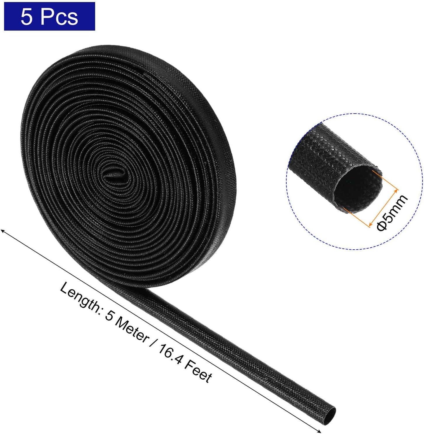 MECCANIXITY 5Pcs Wire Insulation Braid Fire Sleeve,16.4Ft-5mm ID Black, High Temp Silicone Coated Fiberglass Sleeving for Automotive Hose Lines Electrical Wiring