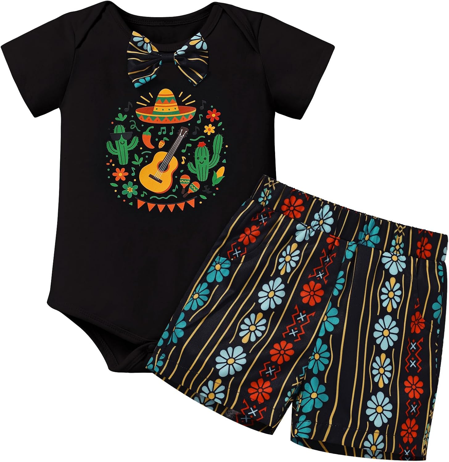 ODASDO Baby Boy Mexican Fiesta Outfit, Infant Bow Tie Short Sleeve Romper Shorts Set, Cinco de Mayo Parties Photo Shoots