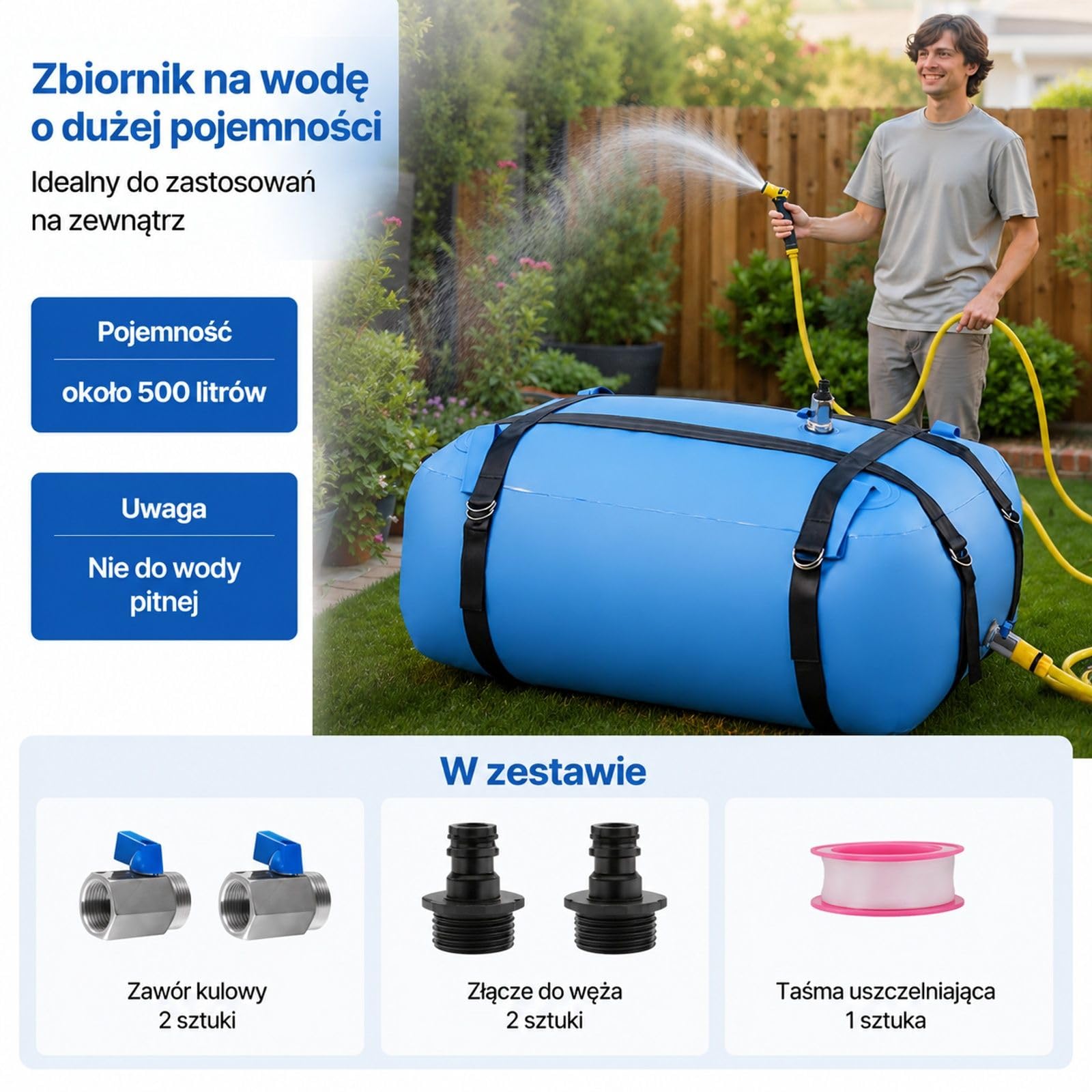 Worek do przechowywania wody 132 l / 35 gal, niebieski miękki worek TPU z nakrętką wlotu, pętlami mocującymi i akcesoriami do kampera, biwaku i nawadniania