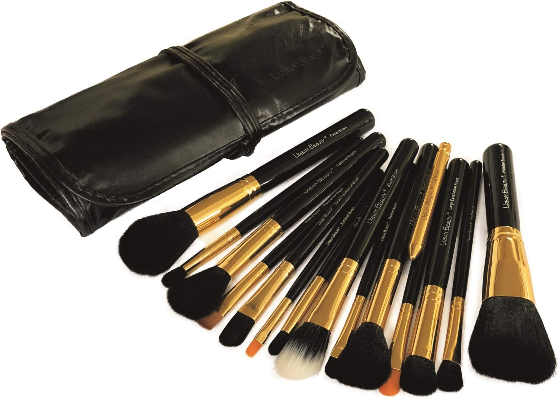 Urban Beauty Makeup Brush Set with Storage Pouch Model UB-115 (Black and Gold)-15 Pieces Powder Brush, Face Brush, Large Eye Shadow Brush, Eyeliner Brush, Foundation Brush, Blending Brush Highlight Brush, Contour Brush, Blush Brush, Eye Shadow Brush, Fluff Brush, Shading Brush, Flat Definer Brush, Definer Brush, Lip Brush