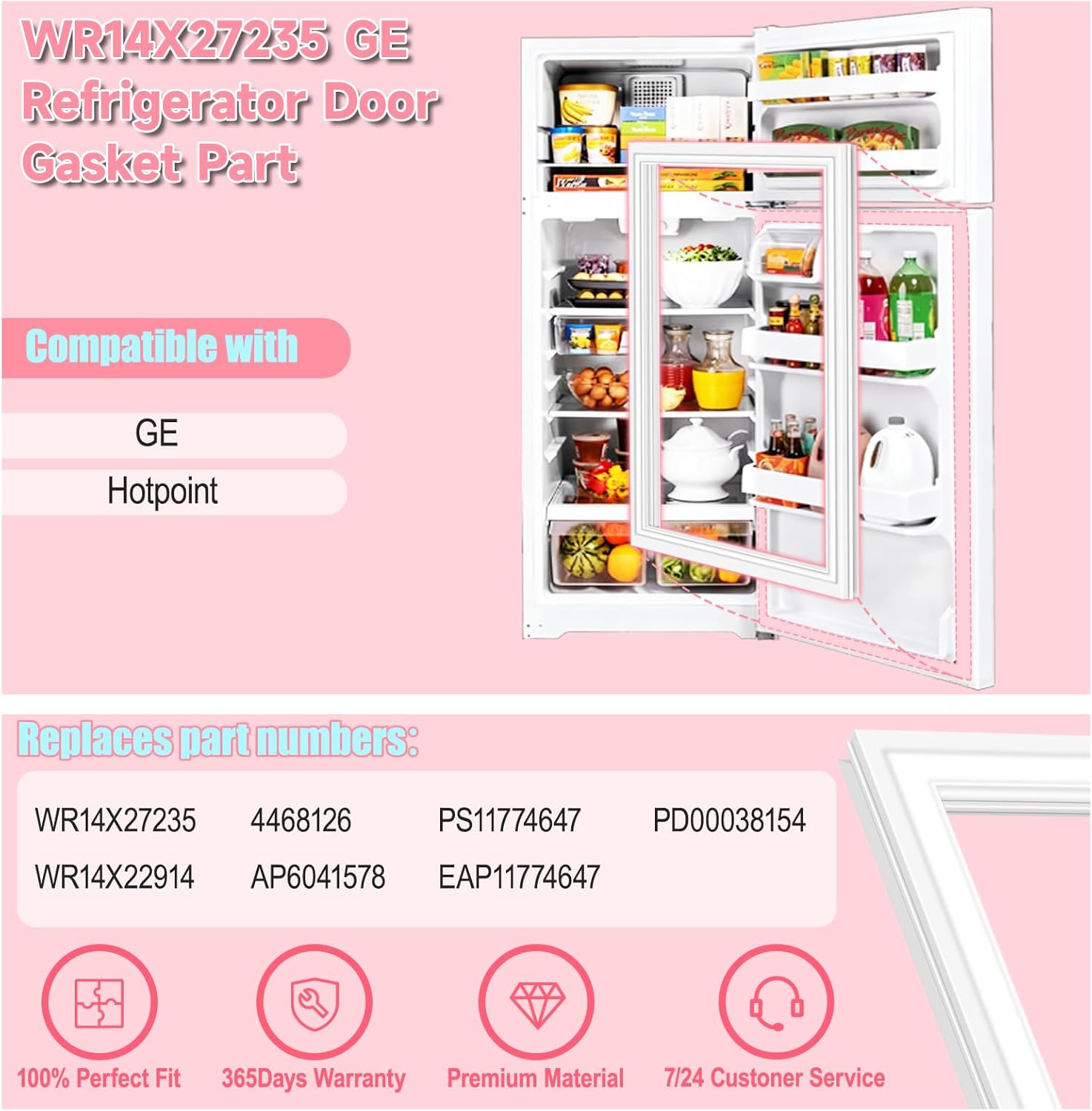 LXun Upgraded WR14X27235 Refrigerator Door Gasket Compatible with Hotpoint GE Refrigerator Door Seal Part Replaces for GE Freezer Door Gasket Seal WR14X22914 4468126 AP6041578 PS11774647 EAP11774647