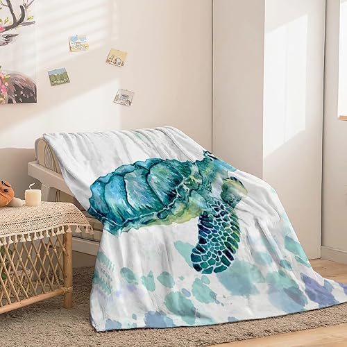 Miniatura 3 de Manta de franela de vellón con estampado de tortuga de animales en acuarela de 60 x 80 pulgadas, suave y acogedora, manta mullida de invierno y