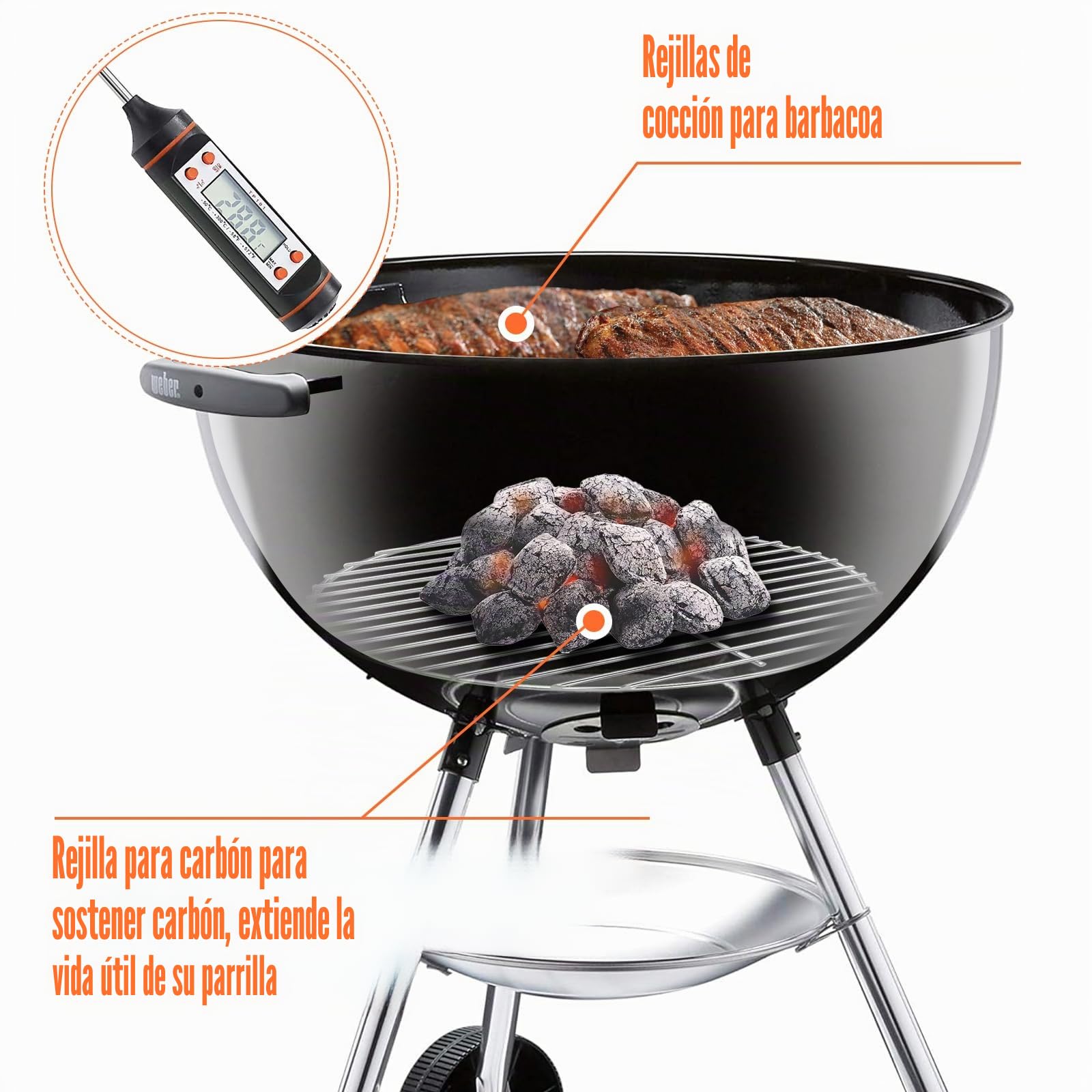 Denmay 7432 7440 Parrilla de cocción y carbón para barbacoas Weber de 47 cm, para Weber One-Touch, Bar-B-Kettle, Smokey Mountain Cooker Smoker, Jumbo Joe, hervidor original, con 1 termómetro