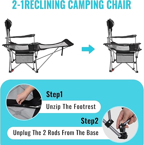 Miniatura 4 de #WEJOY Silla de camping reclinable 2 en 1 con reposapiés para adultos, silla plegable con respaldo ajustable, sillas de campamento ligeras, sillas