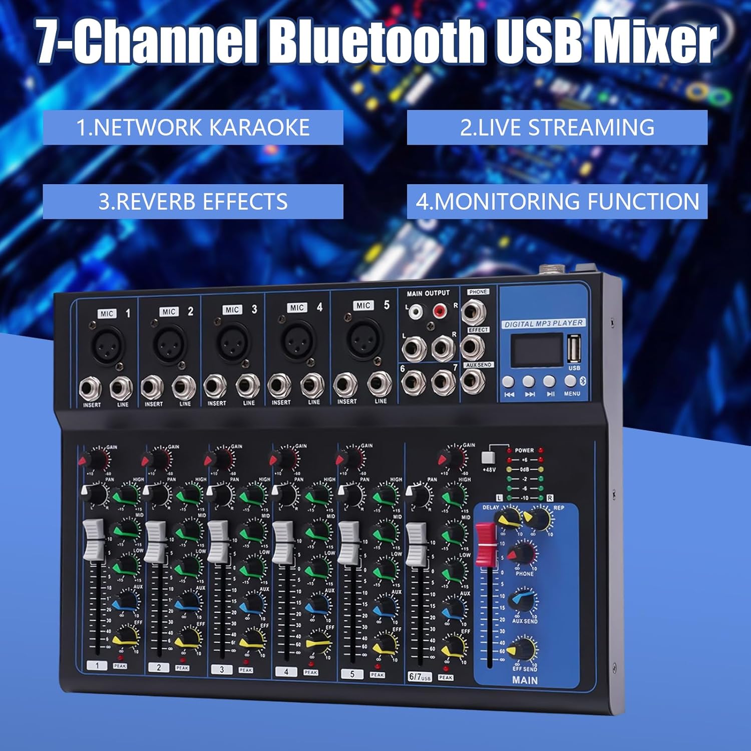 Bluetooth Portable Audio Mixer w/USB DJ Sound Mixing Console MP3 Jack 48V Power, 7 Channel Bluetooth Mixer, 7-Channel Bands Mixing Boards For Studio Recording, Home KTV