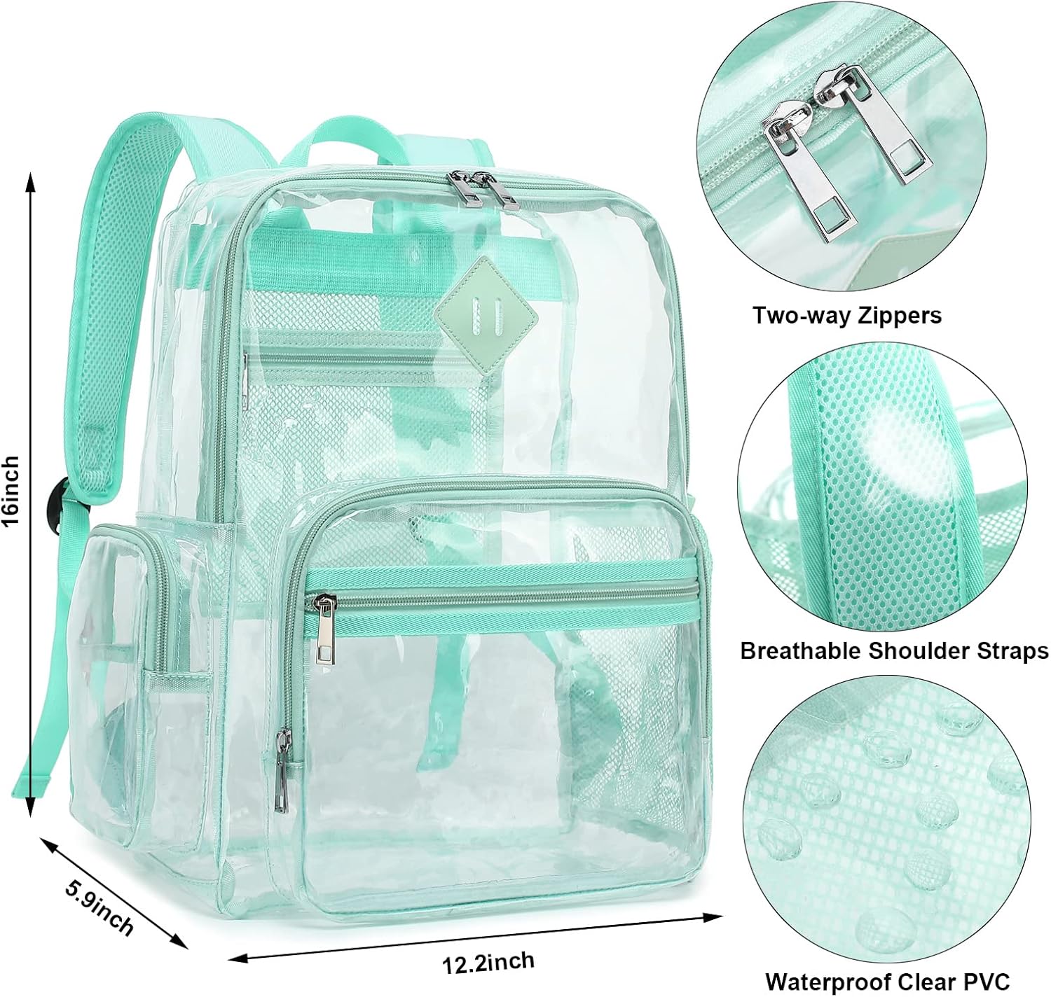 Fuyicat Heavy Duty Clear Backpack for Girls Boys Women Men, PVC Transparent School Backpacks See Through College Bookbag (Green) - Image 4