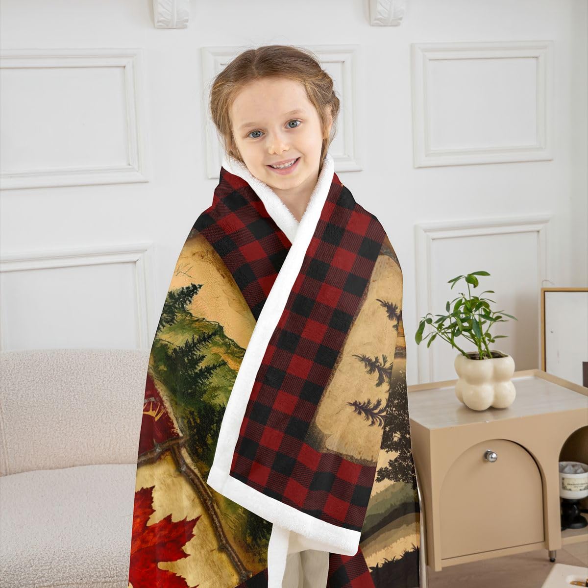 Bear Cabin Plaid Coperta Queen, Rustica Fattoria Coperta in Pile Coperta Retrò Caccia Cervo Coperta Country Woodland Pine Tree Fuzzy Blanket Foglia d'Acero Lodge Decor Sherpa, Rosso Nero Marrone