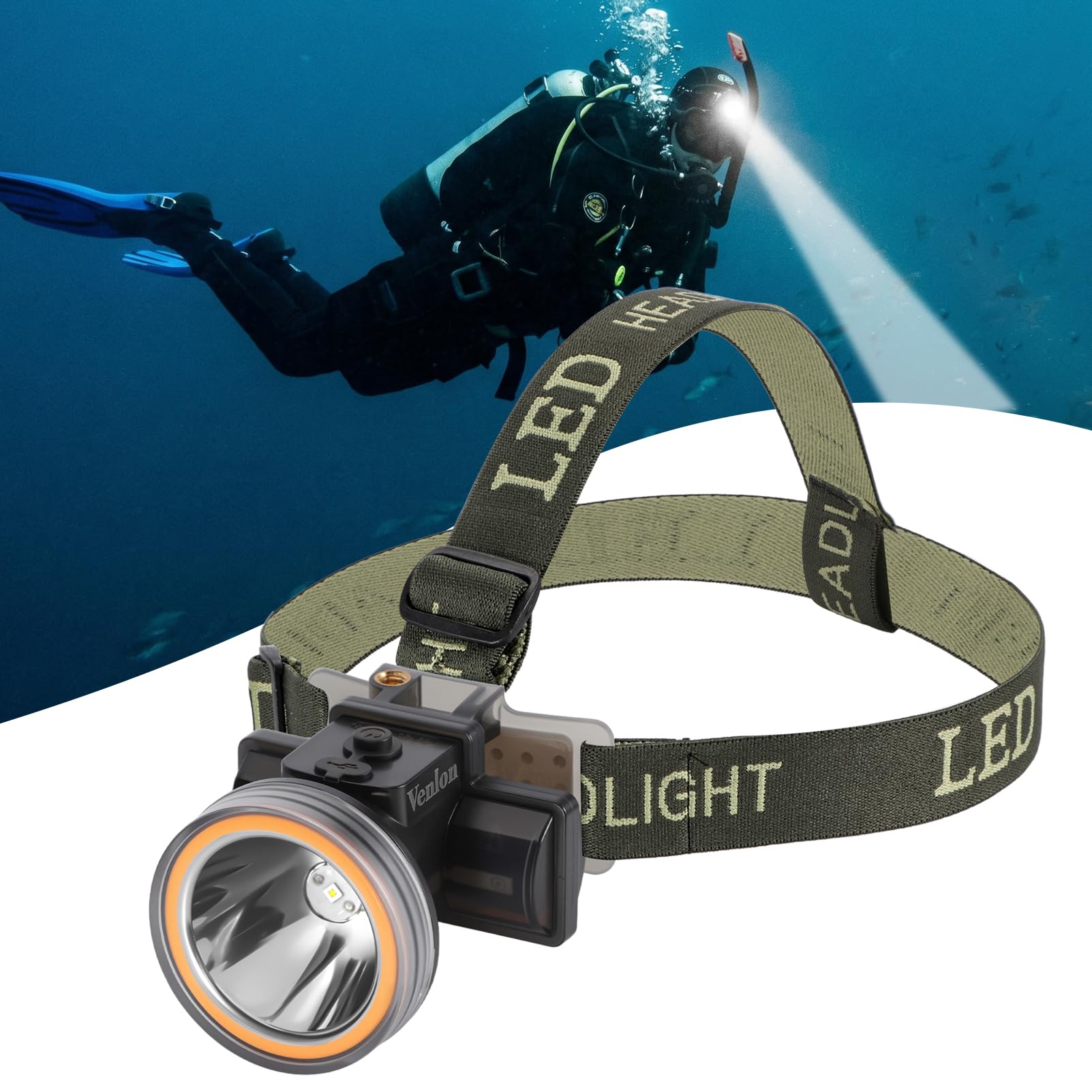 Rechargeable Diving Headlamp, IPX8 Waterproof Underwater Flashlight, 4 Modes with Battery Level Indicator,10H Runtime Scuba Dive Light with Battery & USB Charger Cable (Mode 301 White Light)-image-3