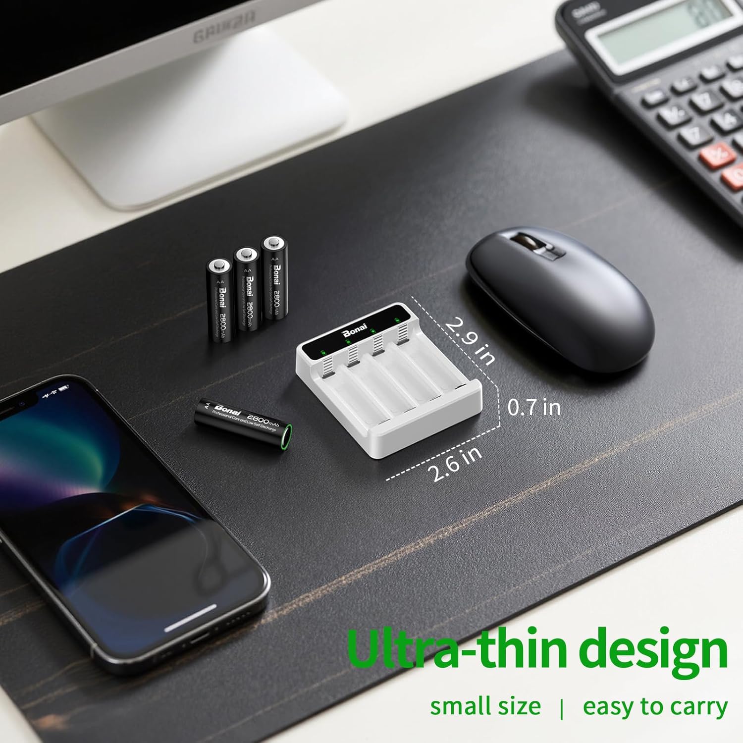 BONAI 4-bay smart charger showing red LED lights for charging batteries.