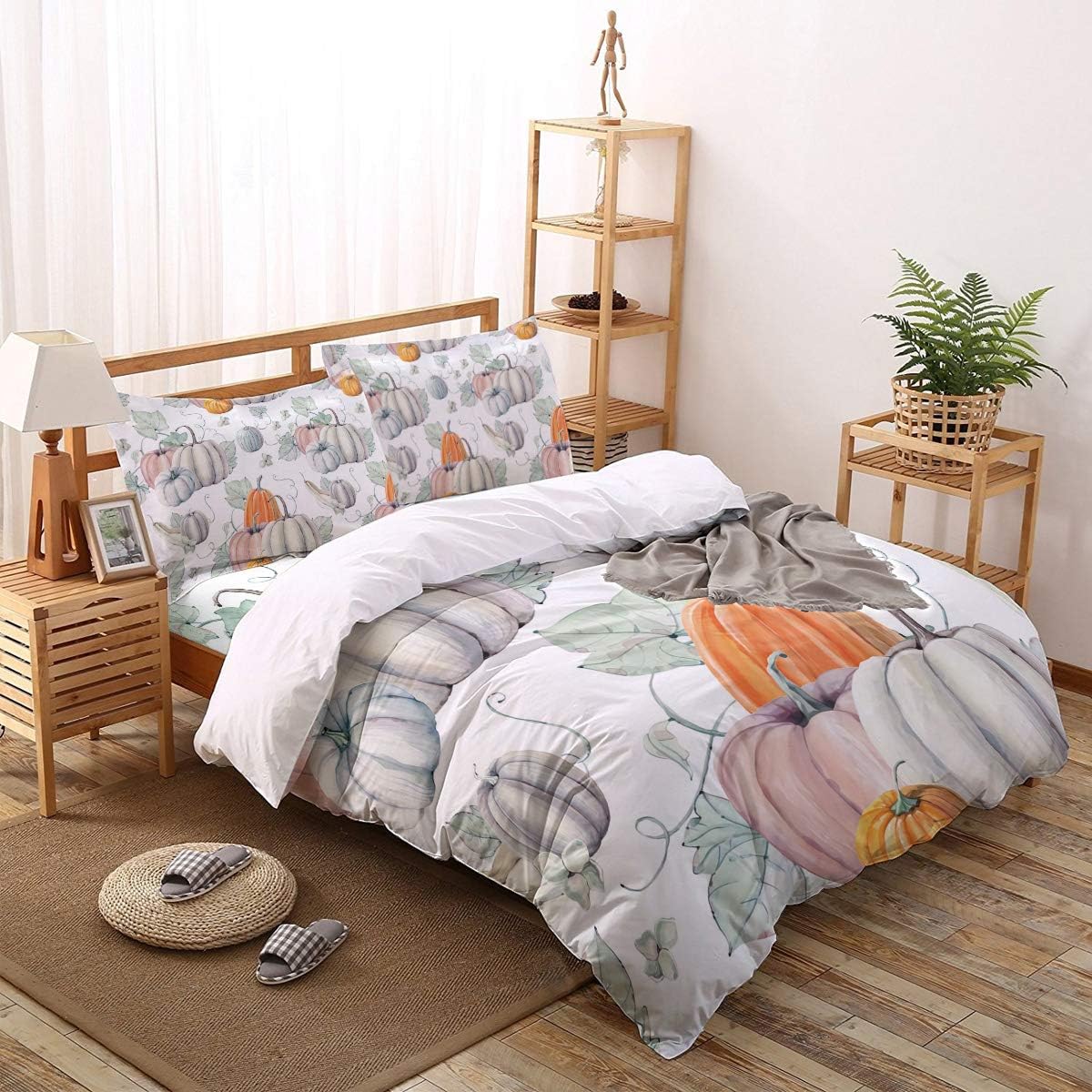 Bеѕt Quаlіtу 🔥 Elfantasy Cute Bedding Sets Children Duvet Cover Set for Boy Girl,Watercolour Pumpkin for Autumn Thanksgiving Day Luxury Bed Sheet Set,Breathable Durable Comforter Cover Set for Kids Adults King Size