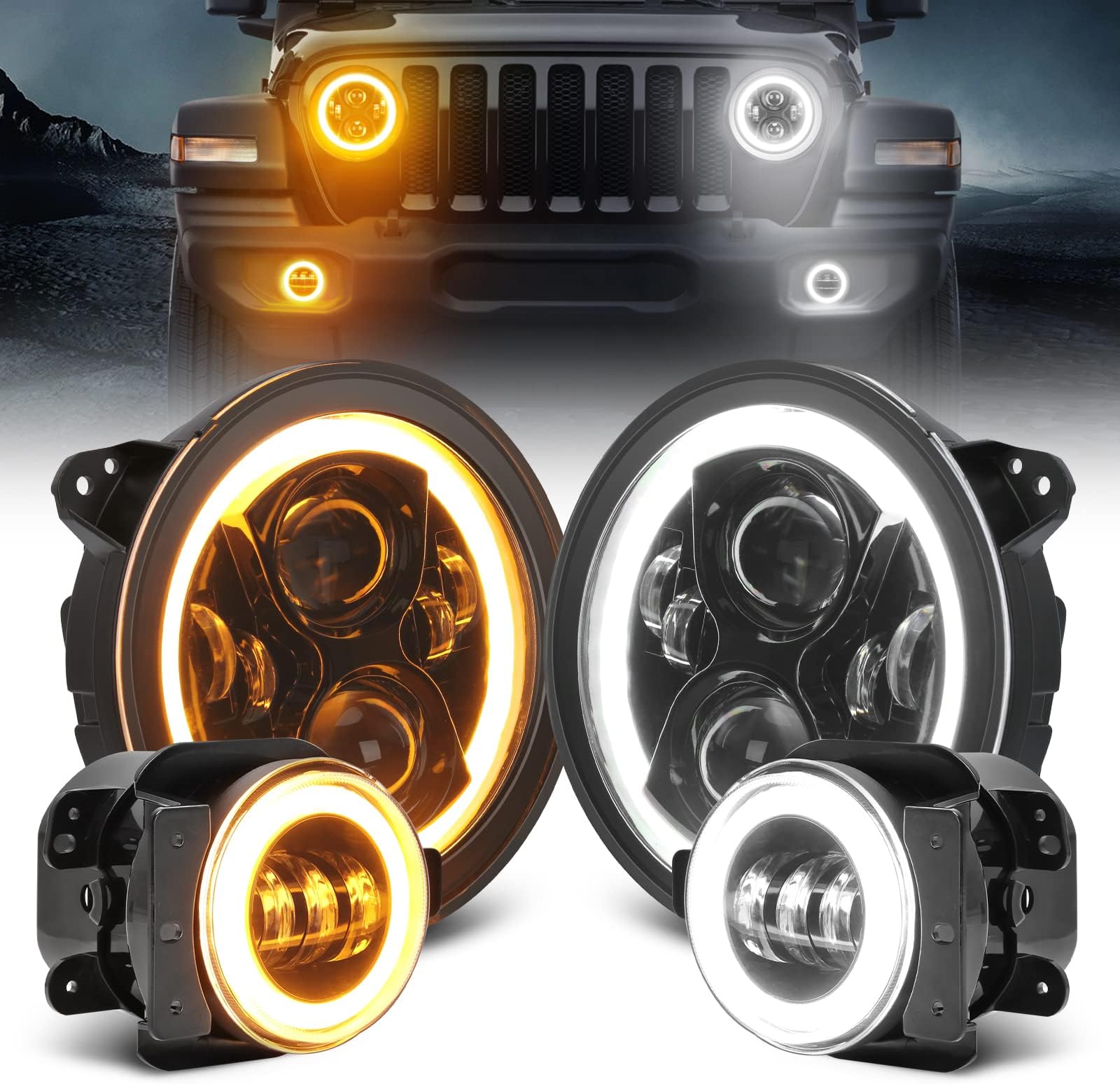 SUPAREE 9 Inch Round LED Headlights and 4 Inch Fog Lights fit for 2018-2023 Wrangler JL JLU Sahara Rubicon Gladiator JT Accessories with Integrated DRL Turn Signal Low High Beam Halo Ring, Pack of 4