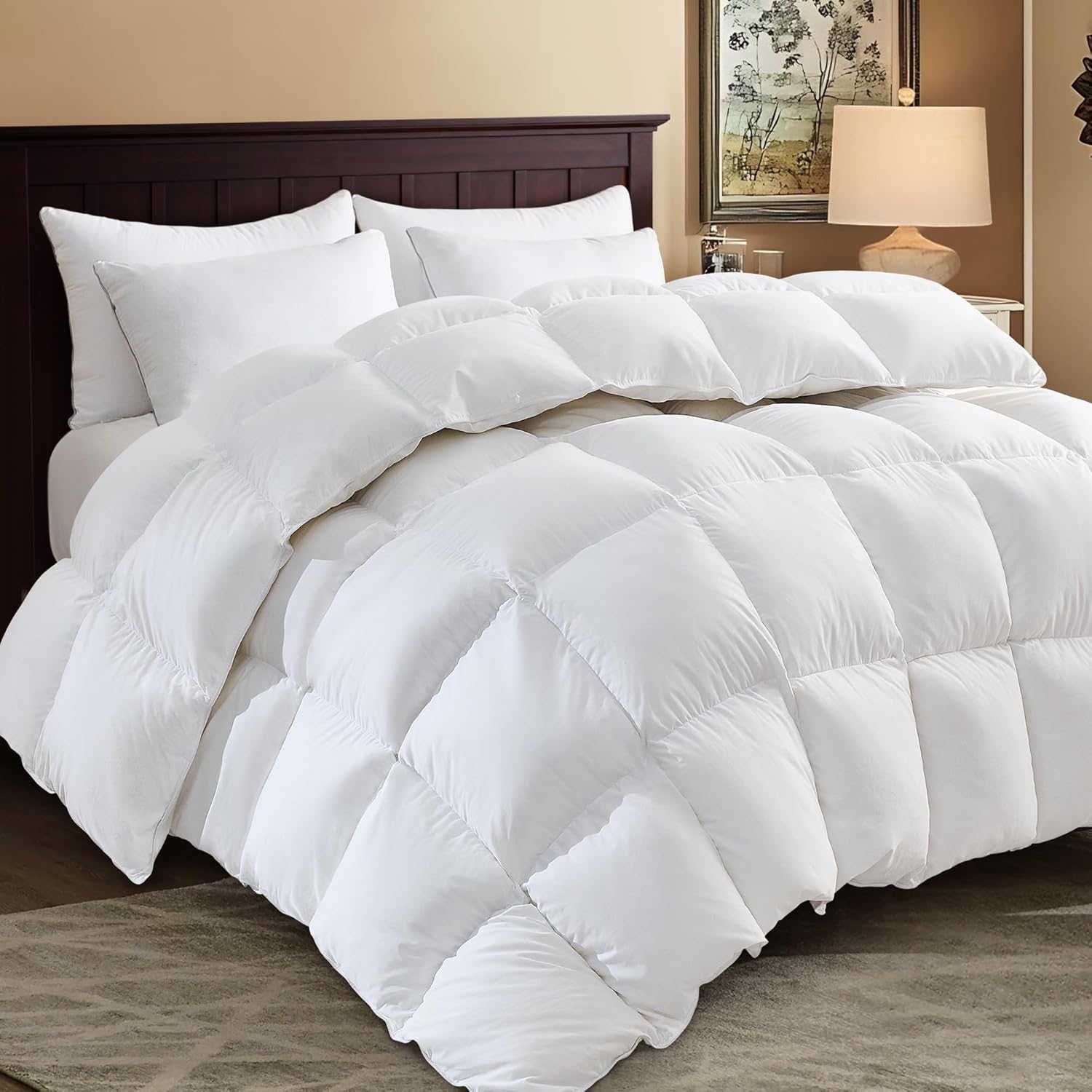 SHOUREN White Luxurious Goose Feather Down Fiber Comforter, All Season Hotel Collection Bed Comforter,Ultra Soft 100% Cotton Duvet Insert with Corner Tabs, Queen Size 90"X90"