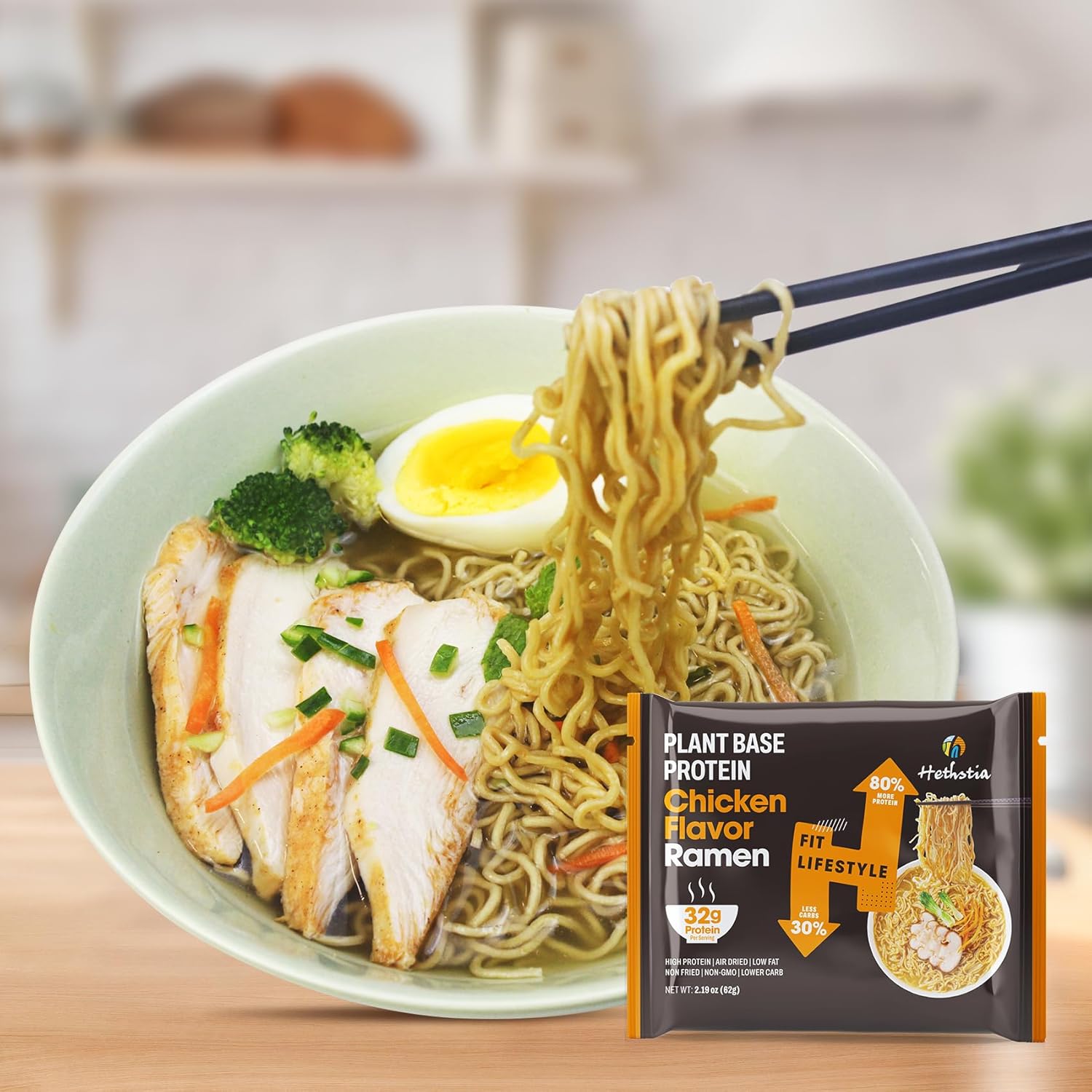 Hethstia Instant Ramen High Protein Chicken Flavor Noodle Soup 6 Packs and Konjac Spaghetti 12 Packs, Vegan, Low Fat