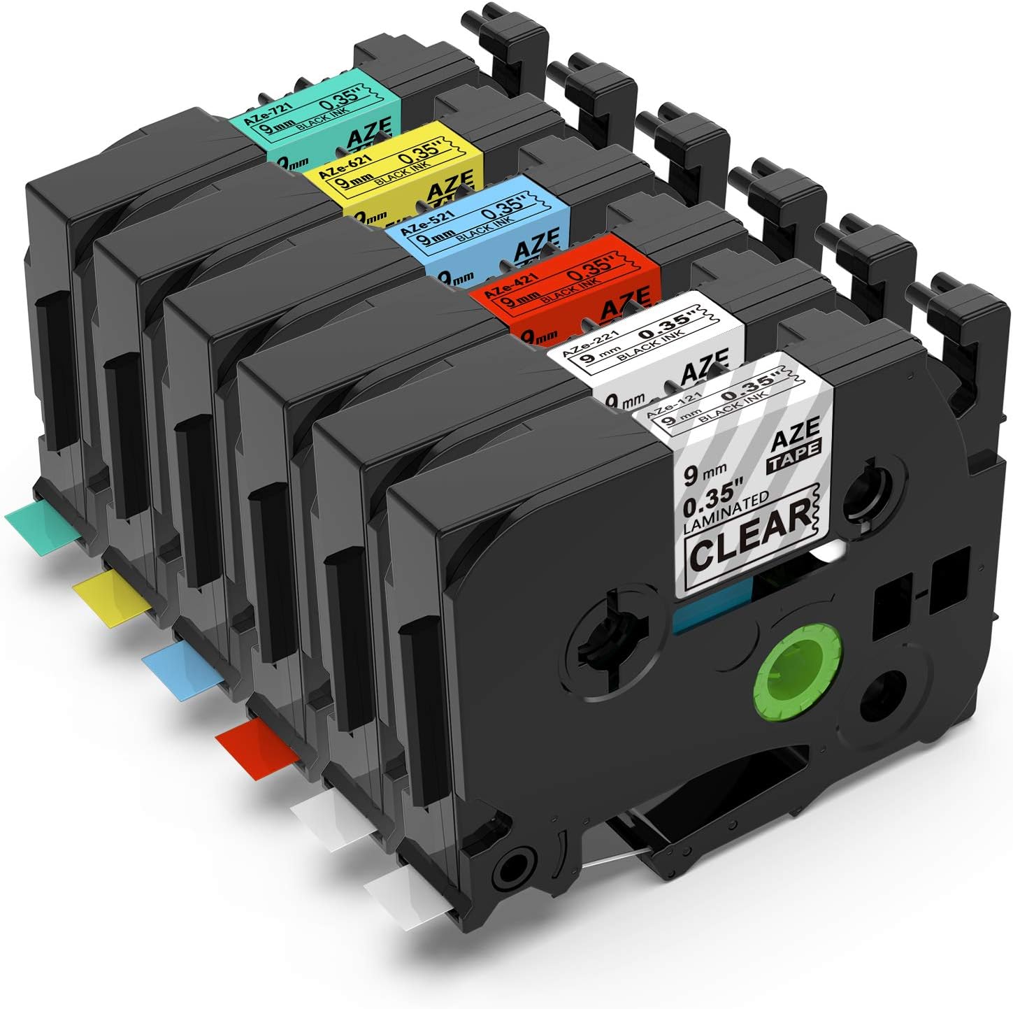 Anycolor Compatible Label Tape Replacement for TZe 121-721 9mm x 8m Laminated Black on Clear White Red Blue Yellow Green for PT-1000 GL-H105 GL-200 PT-1080 PTE-550WVP PT-P700 H300