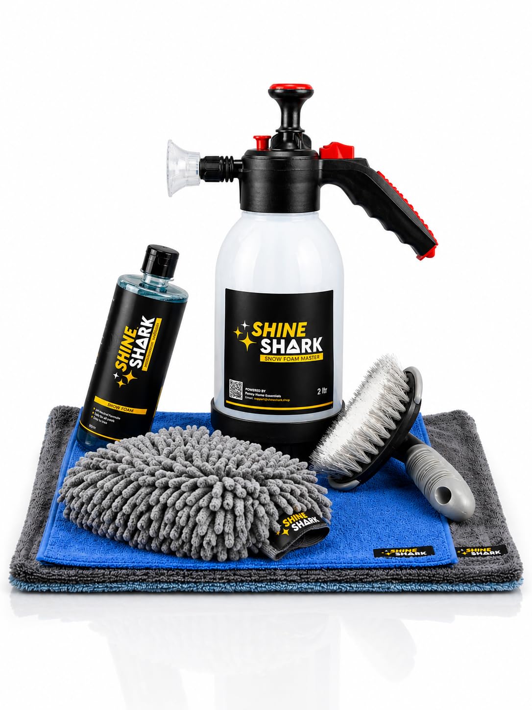 Car Wash Kit 6 in 1 - Snow Foam Master/Sprayer 2L, Snow Foam Shampoo 500ml, Wash Mitt 2400 GSM, Microfiber Drying Towel 1200 GSM, Microfiber Cloth 300 GSM, Tyre Cleaning Brush | SHINESHARK-image-20