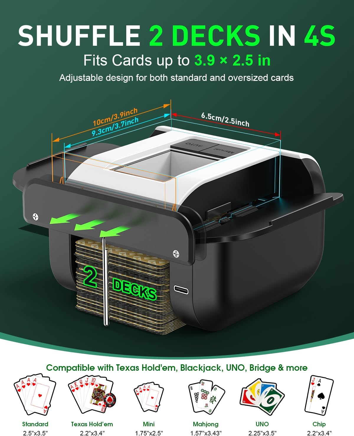 Automatic Card Shuffler Machine with Bag&Cards,Electric Card Shuffler Rechargeable for 1-2 Decks,Dual Modes Auto&Manual,Ultra Quiet USB-C Poker Shuffler for Skip-Bo,Blackjack,Bridge,Family Game Night