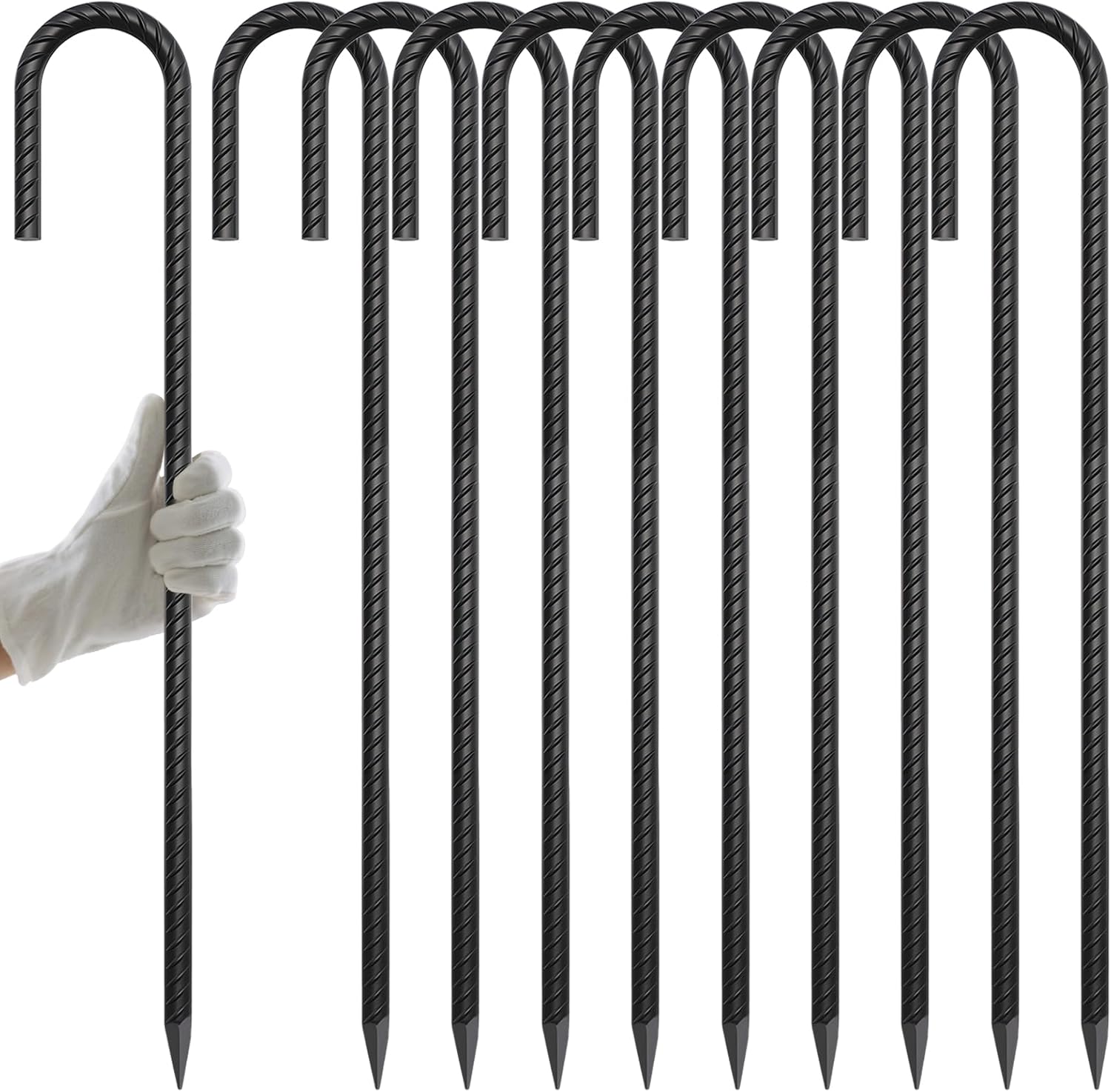 AAGUT Rebar Stakes 24 Inch J Hook Heavy Duty 10 Pack, 1/2 Inch Extra Long Tent Stakes with Chisel Point End, Black Coated Metal Ground Anchors for Garden, Chain Link Fence, Camping, Greenhouse J-24Inch-?1/2" 10pcs-Black