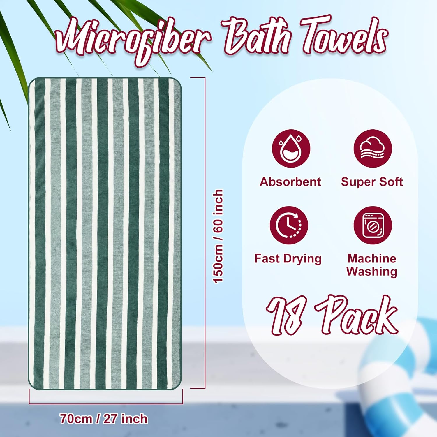 18 Pack Microfiber Bath Towels Bulk 27'' x 60'' Oversized Size Bath Towel Highly Absorbent Extra Large Soft Drying for Shower Beach Winter Salon Sport Gym Party (Stripes,Neutral) - Image 2