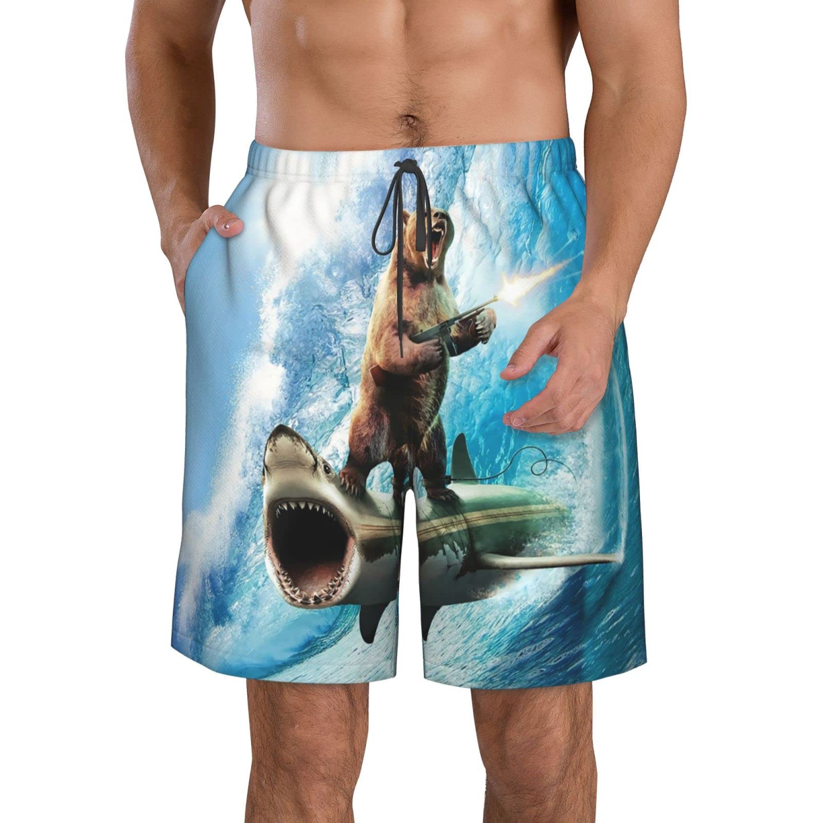 FJAUOQFunny Sharp Shirter Bear Men's Beach Shorts, Quick Dry Swim Trunks with Pockets for Men Casual Bathing Suits