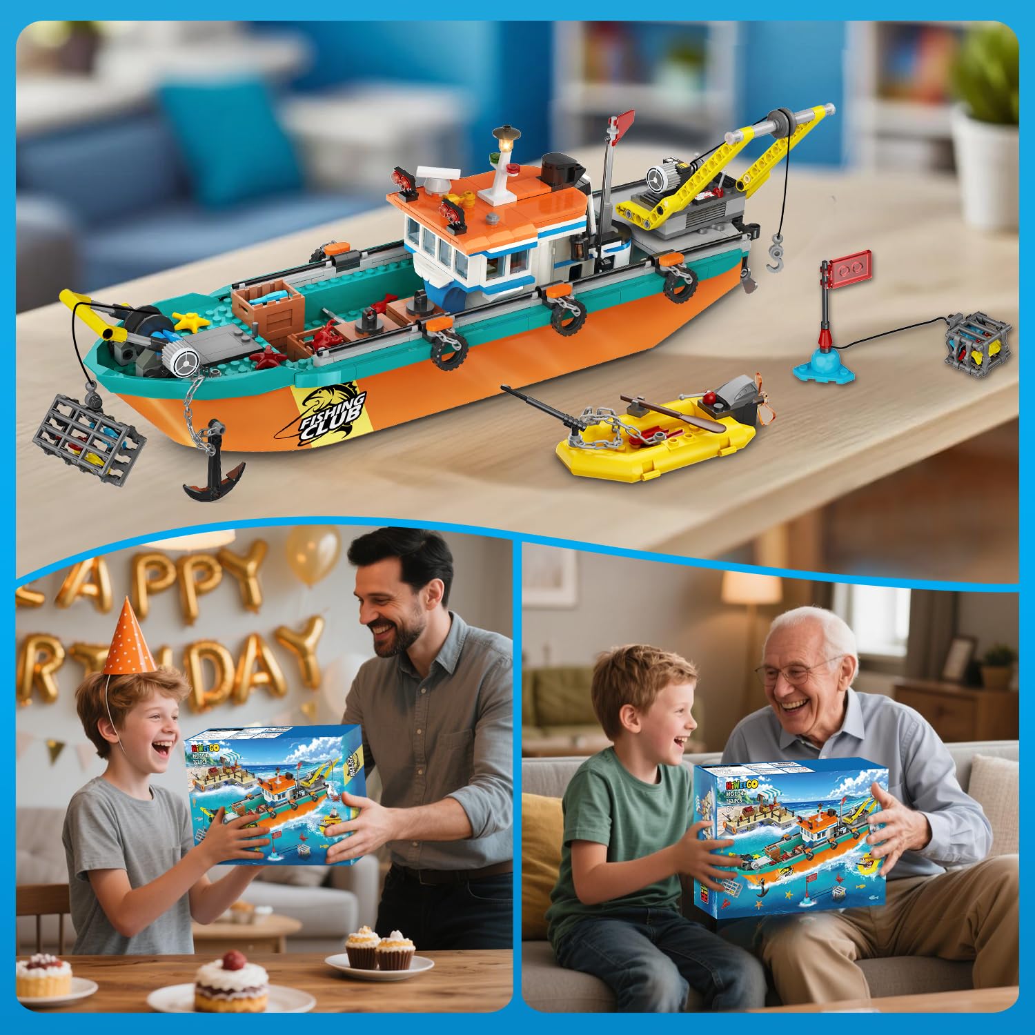 HiWEEGO Città barca da pesca cantiere navale – kit costruzione galleggiante oceano gru container, giocattolo regalo compleanno 6 7 8+
