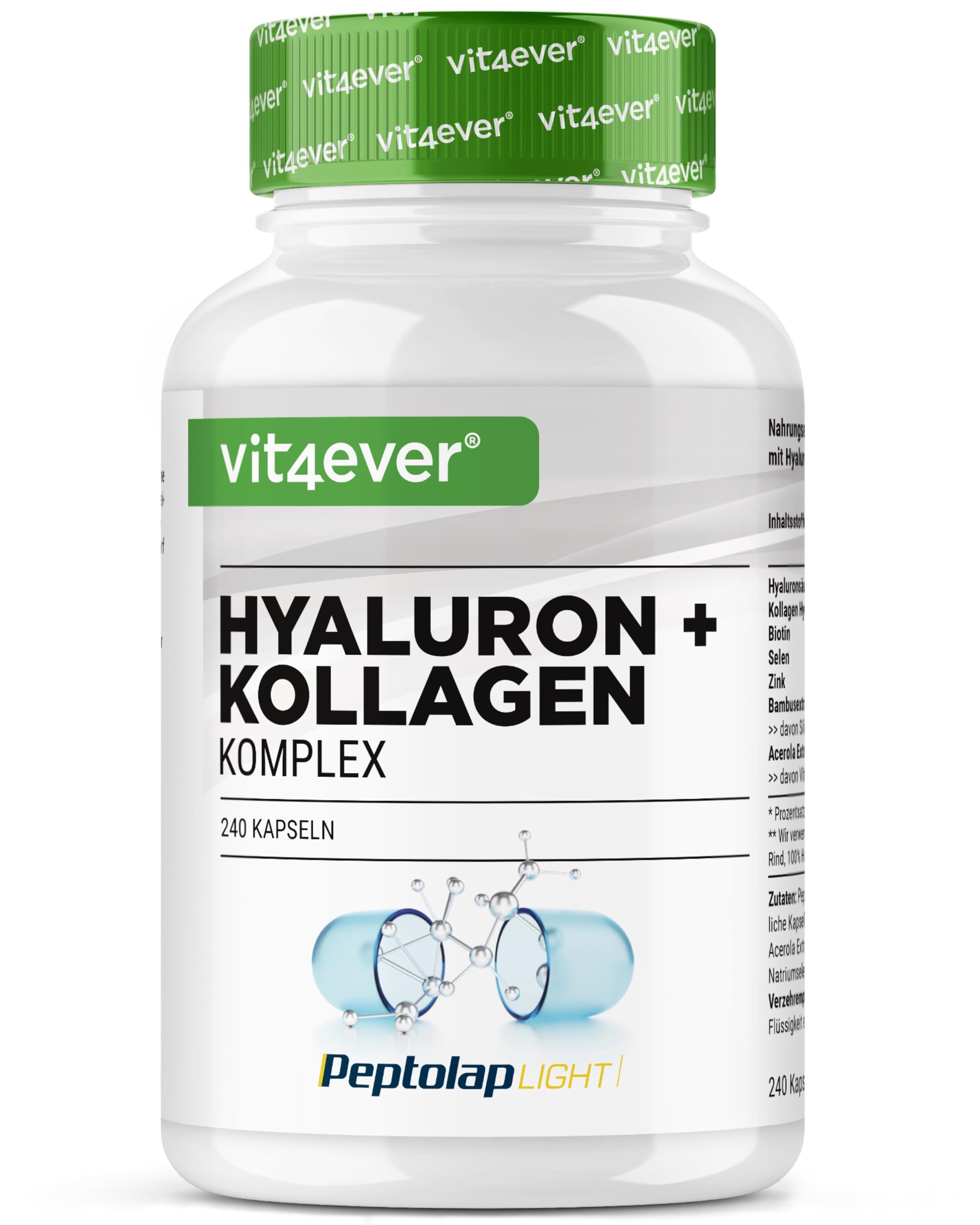 Complejo de colágeno con ácido hialurónico - 240 cápsulas - Premium: Con biotina bioactiva, selenio, zinc, vitamina C natural de la acerola y silicio del bambú