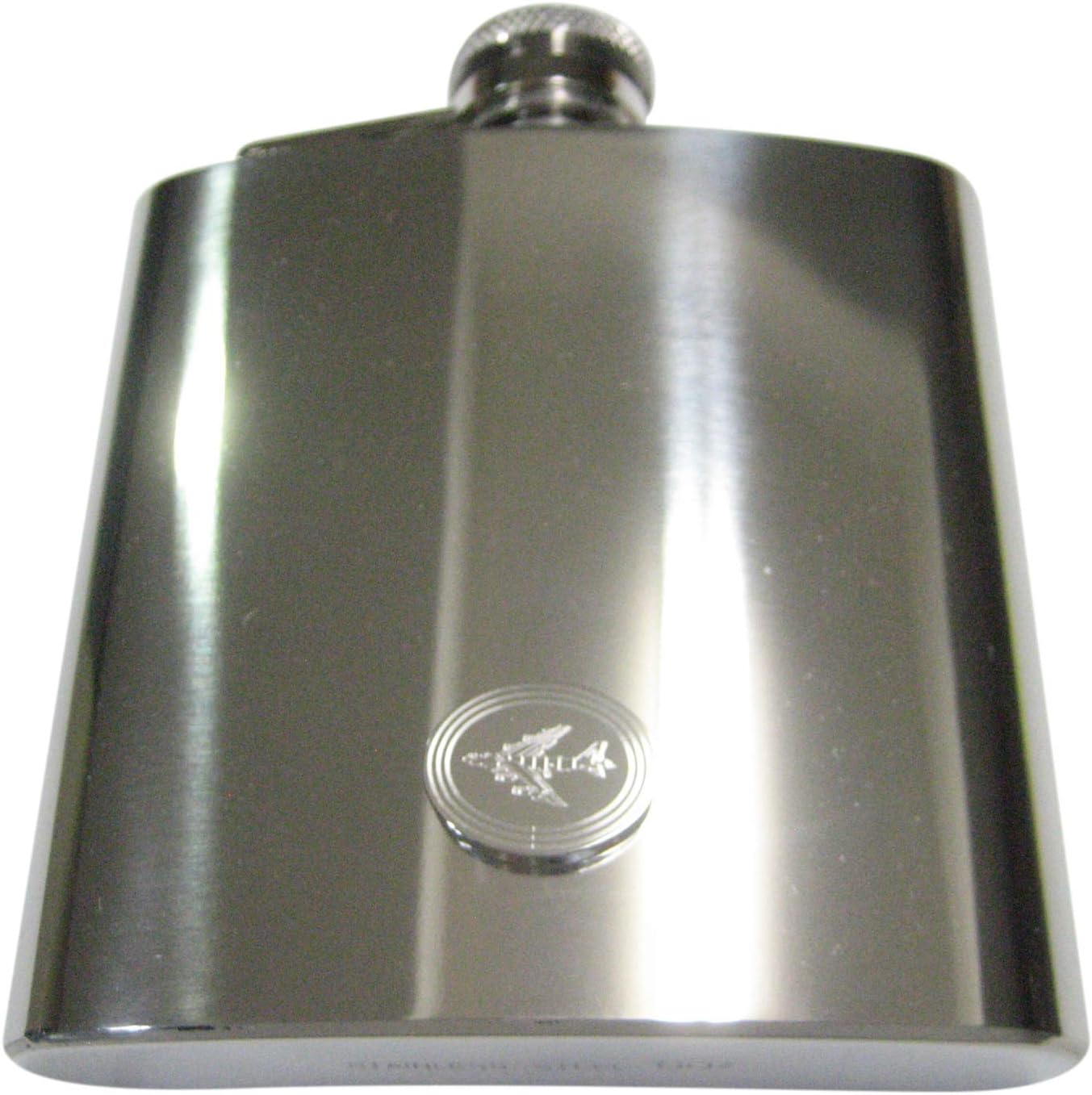 Kiola Designs Silver Toned Etched Oval Jumbo Jet Plane 6 Oz. Stainless Steel Flask