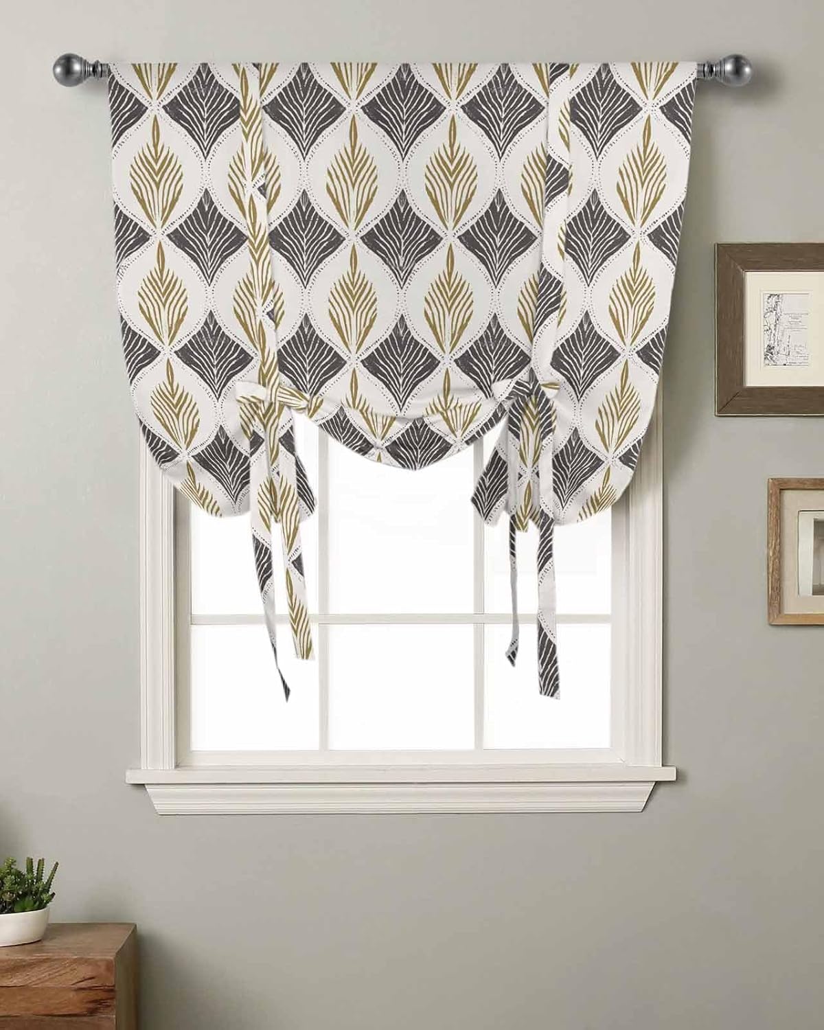 SEVENBABU Tie Up Curtains for Windows 46 Wide Tie Up Curtains Polyester Tie Up Valance Abstract Mural Pattern Symmetry Yellow Balloon Window Shade Curtains for Kitchen Bathroom Small Windows 46"x63"