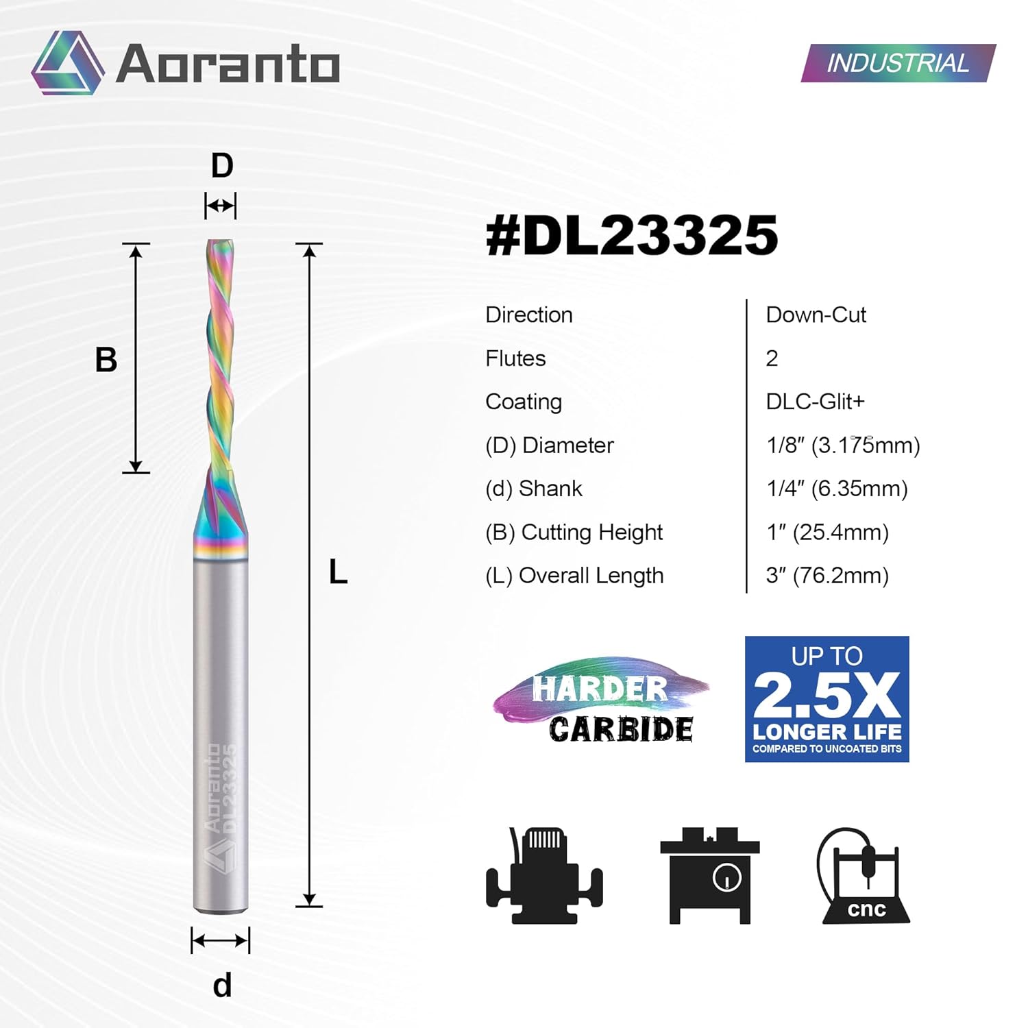 DL23325 1/8" Downcut Spiral CNC Router Bit 1/4" Shank, Industrial Quality Extra Long Life Coating Solid Carbide Down Cut End Mill for Wood Slot Engraving Carving, 1/8 Inch Dia x 1 Inch CL