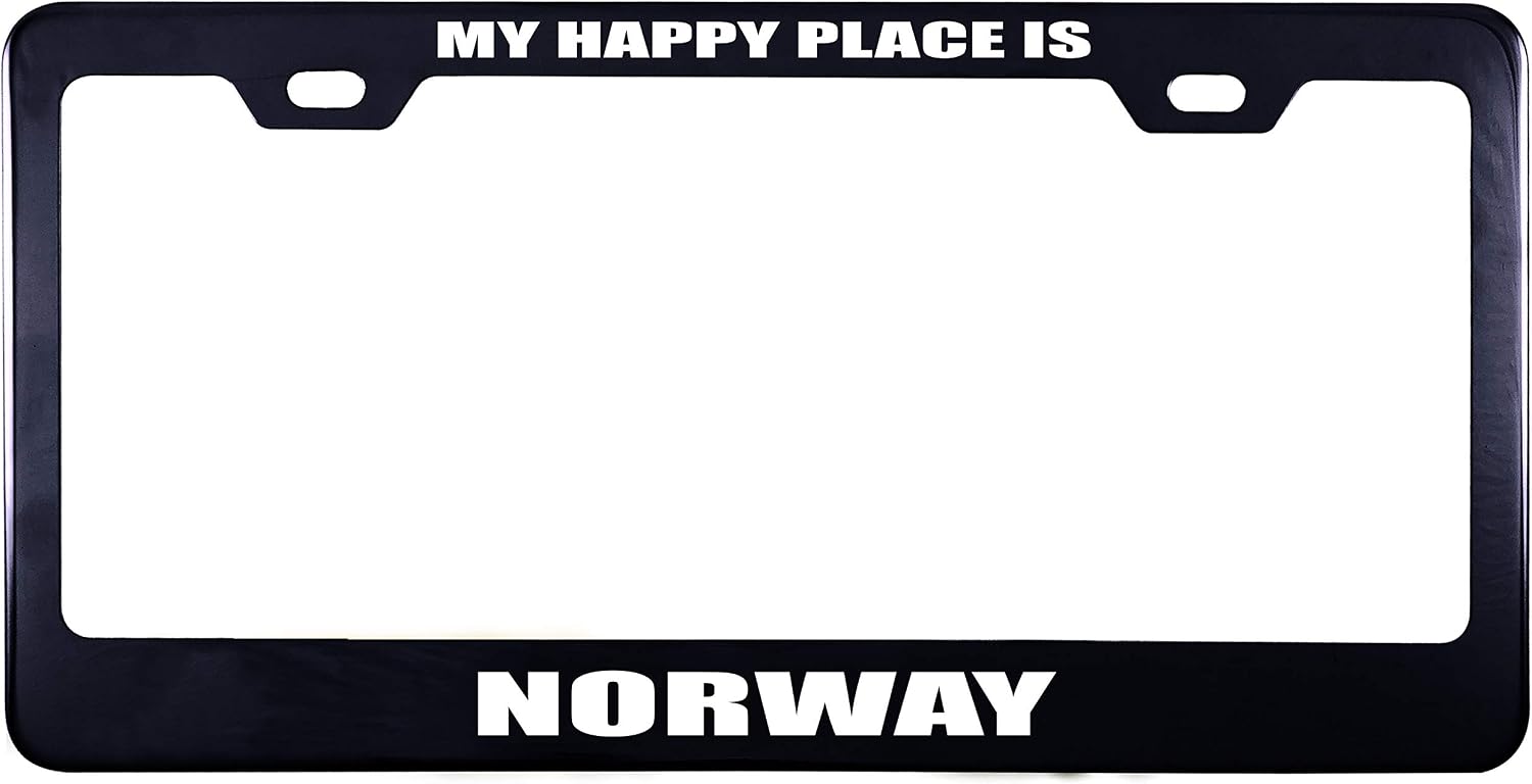 Printtoo Black My Happy Place is Norway 2 Holes Stainless Steel License Plate Frame Waterproof Vinyl Cut Letters-12 x 6 Inches