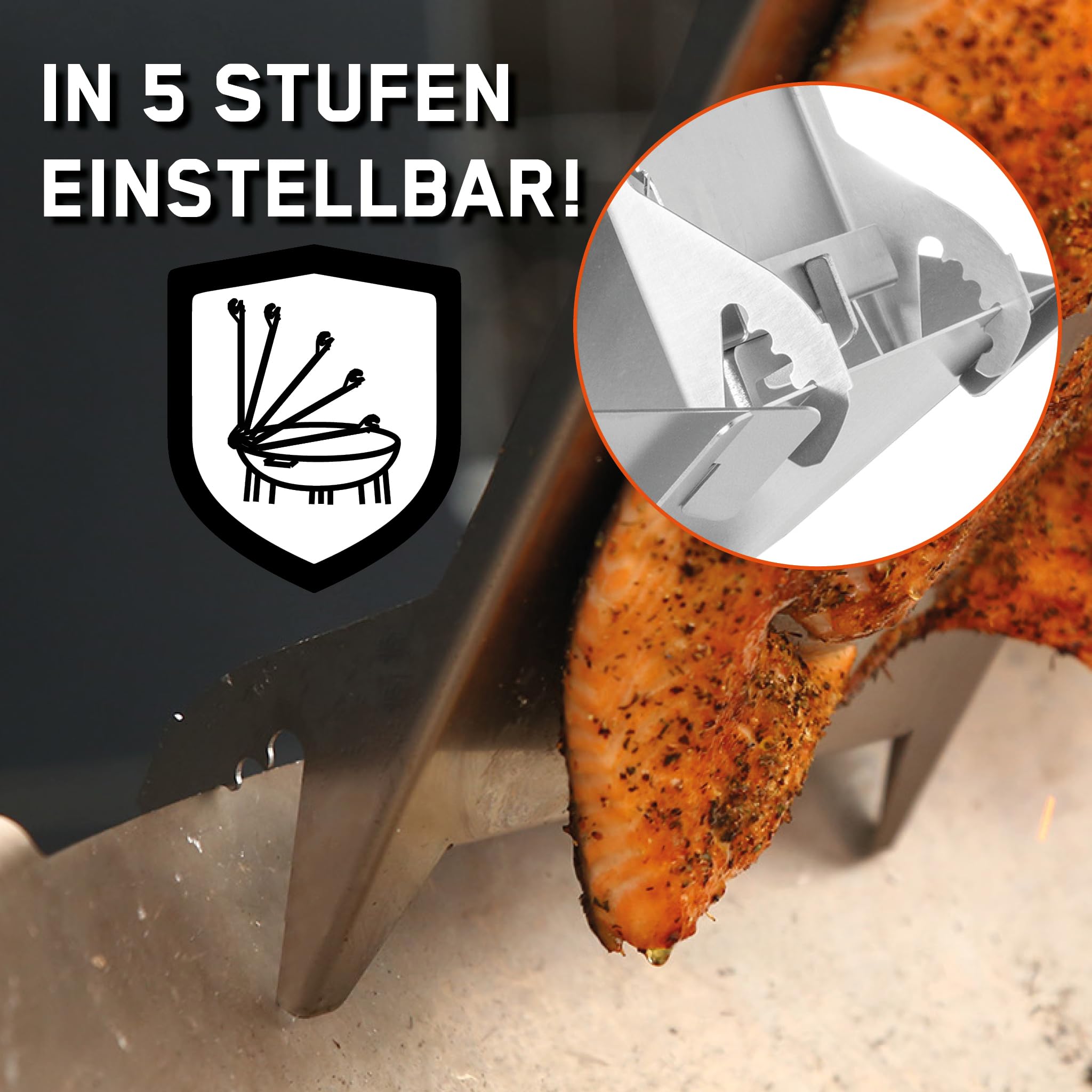 FENNEK Edelstahl Flammlachshalter für Feuerschalen & Kugelgrills | mit speziellem Spannmechanismus- Keine Schrauben nötig | 180° drehbar | Perfekte Alternative zum Flammlachsbrett | Made in Germany