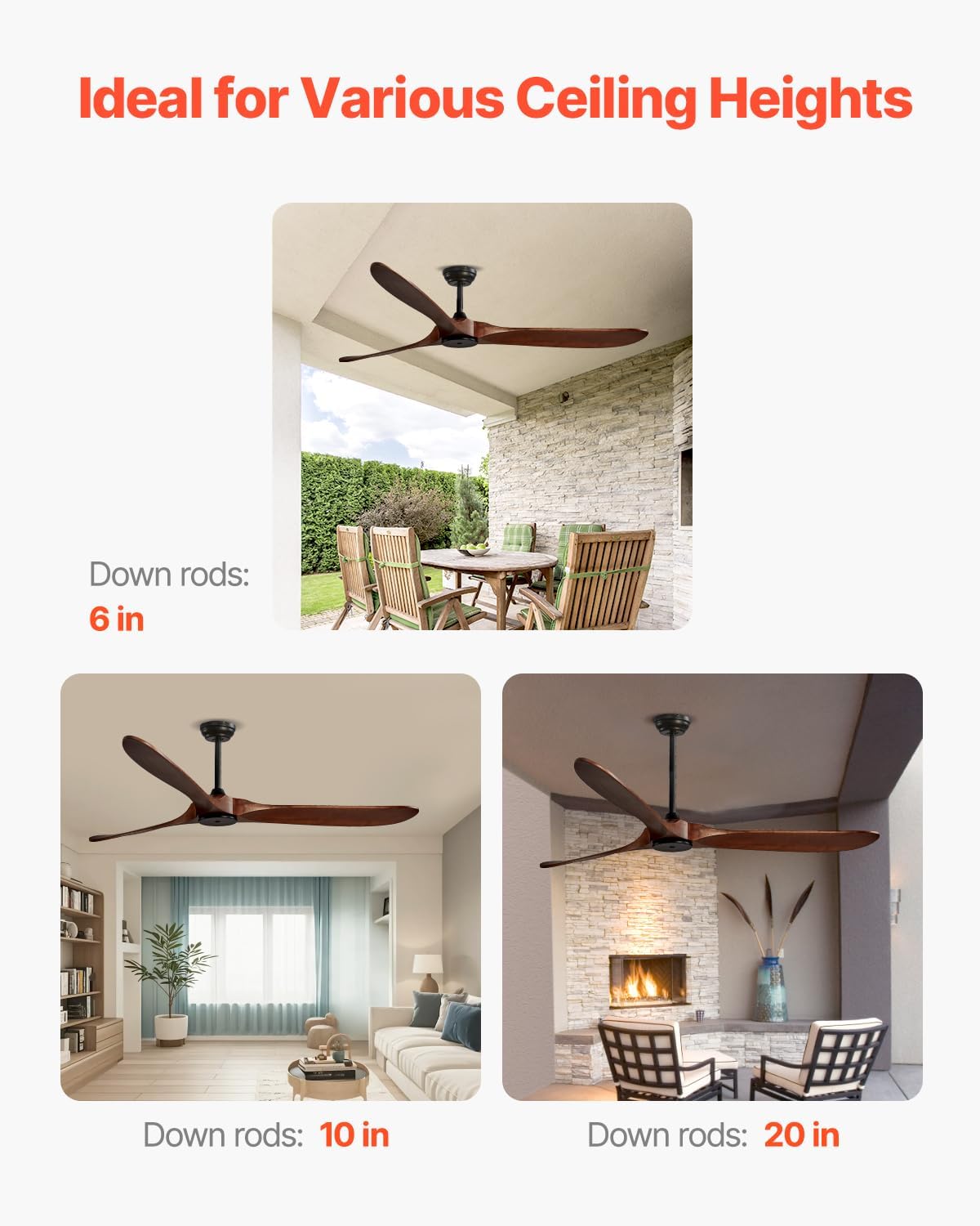 VEVOR 72 Inch Ceiling Fan without Light, 6-Speed Remote Control, 3-Wood-Blade, Reversible DC Motor, Modern Low Profile Flush Mount Exterior Fan for Bedroom, Living Room, Patio, Indoor/Outdoor, Walnut