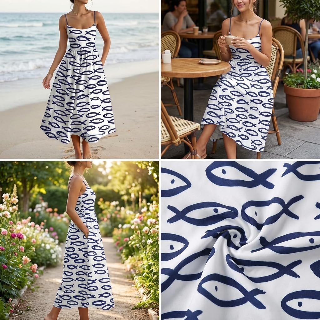 Women's Boho Print Sexy Spaghetti Strap Swing Maxi Dress Sleeveless Beach Sundress Back Smocked Flowy Long Cami Dress