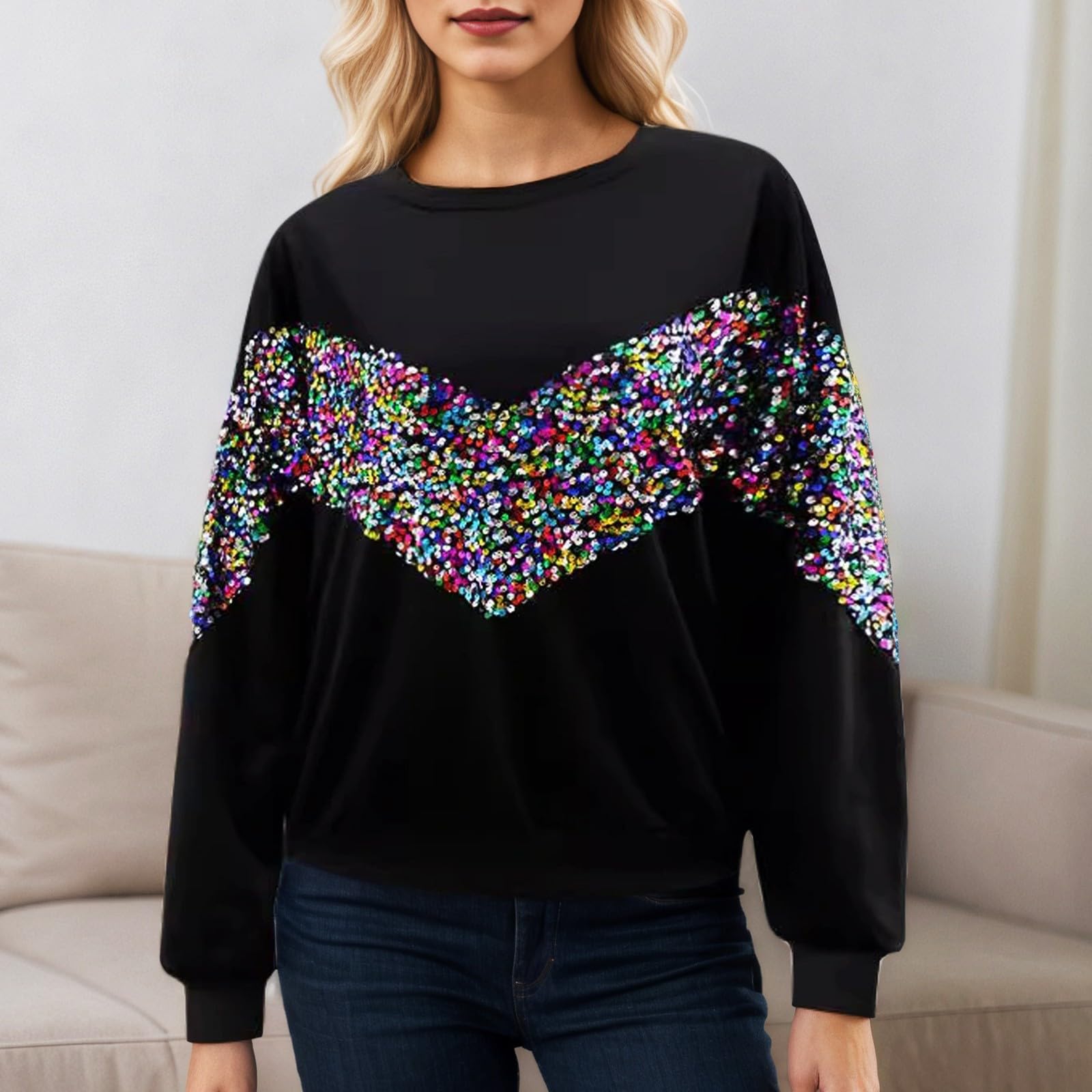 Sudadera Mujer Sin Capucha，Sudadera Mujer Cuello Manga Larga con Lentejuelas Ropa Informal Otoño Invierno