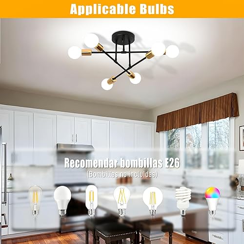 Miniatura 6 de SPOLI Candelabro Sputnik moderno, lámpara de techo de 6 luces, lámpara colgante industrial semiempotrada para sala de estar, comedor, dormitorio,