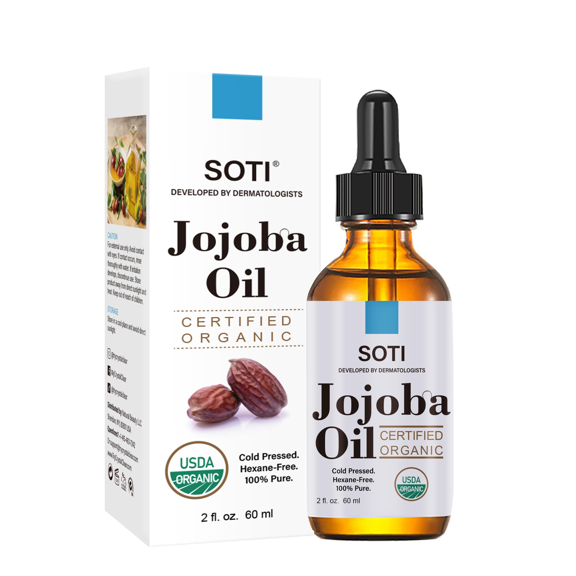 Organic Jojoba Oil, USDA Certified 100% Pure, Cold Pressed, Hexane Free, Undiluted. Natural Moisturizer for Hair, Skin, Scalp, and Nails, Promotes Healthy Hydration and Shine by Soti, 2oz
