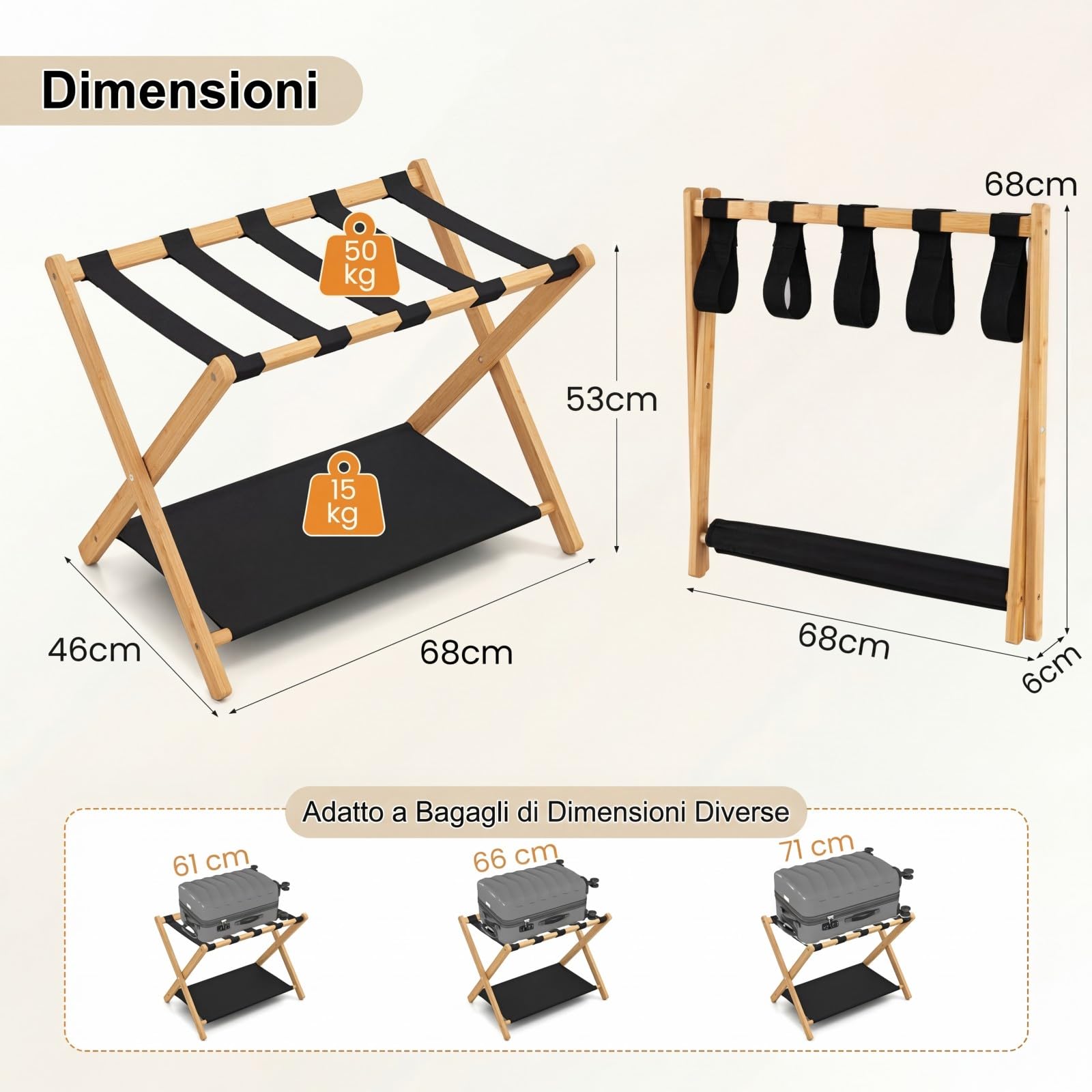 GYMAX Set di 2 Portavaligie in Bambù, Supporti Pieghevoli per Valigie con Mensola Portaoggetti in Tessuto, 5 Cinghie in Nylon Resistenti, Portavaligie per Camera Ospiti, Camera da Letto(Naturale)