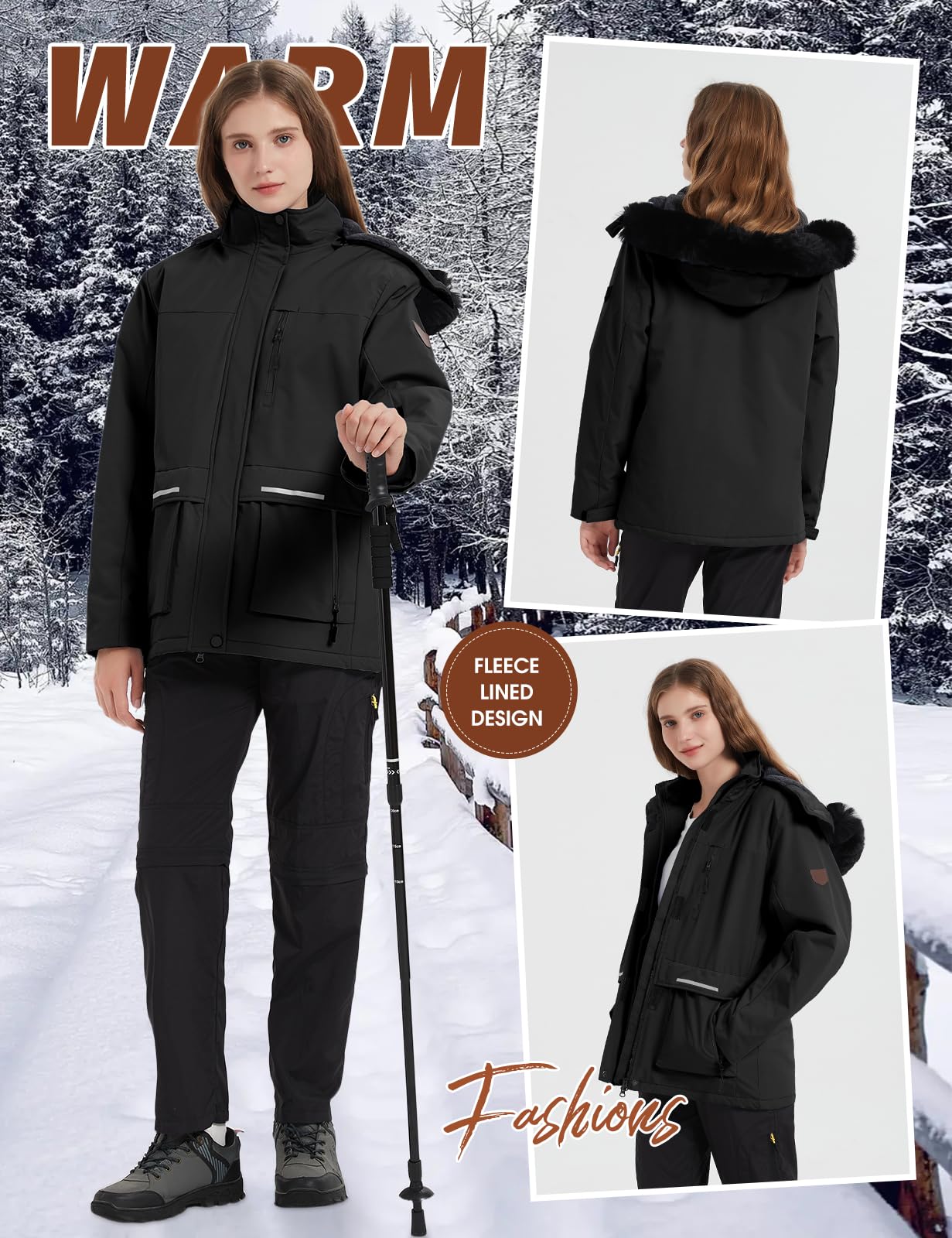 Voqeen Veste Ski Femme Blouson Femme Hiver Imperméable Pour la Montagne Veste Polaire Coupe-vent avec Capuche Amovible pour Femmes