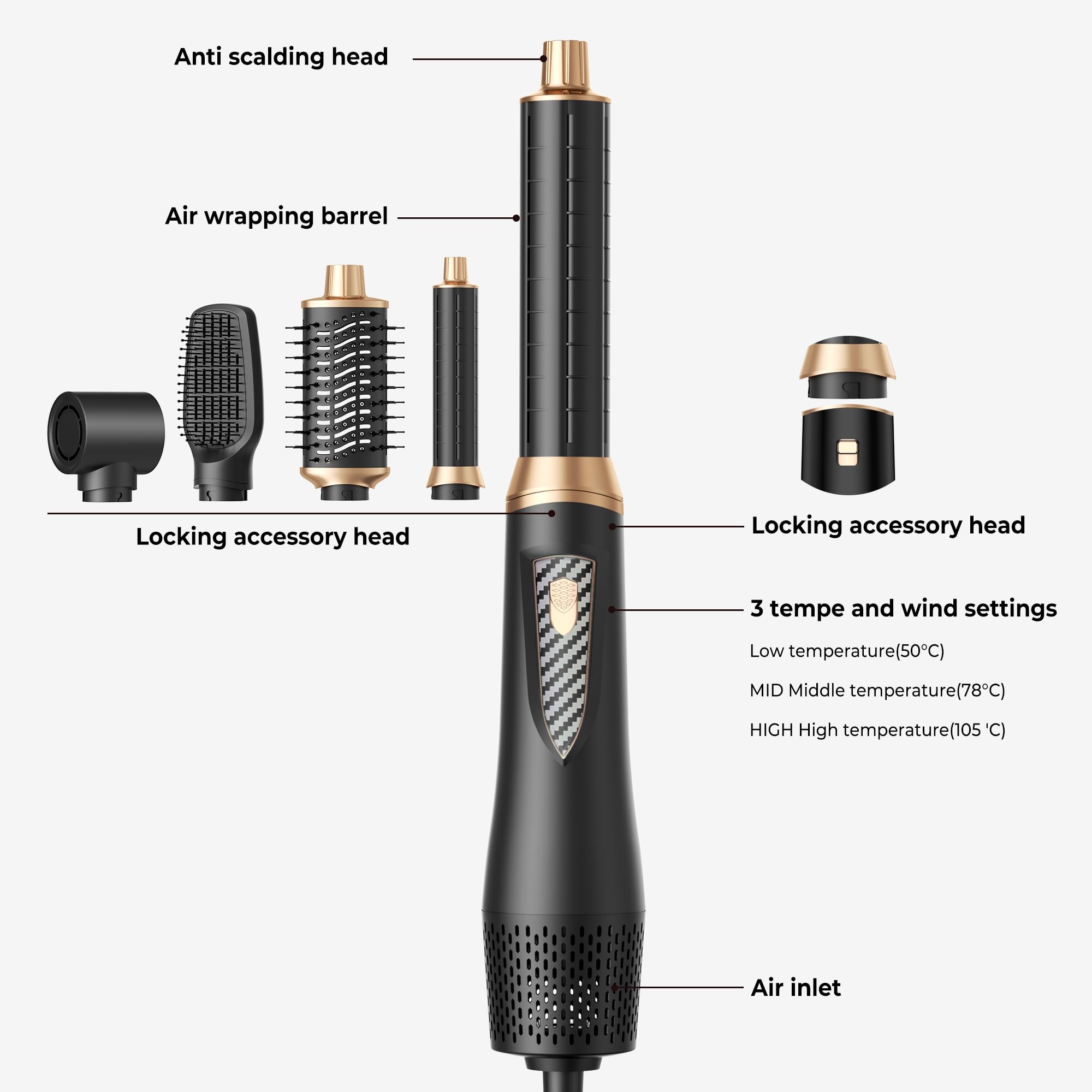 UMIGA Airstyler 5 en 1 - Juego de cepillos para el pelo con rizador de aire caliente de 32 mm, secador de pelo de 1000 W para volumen, secado, alisado y rizos | 3 niveles de temperatura para todo tipo