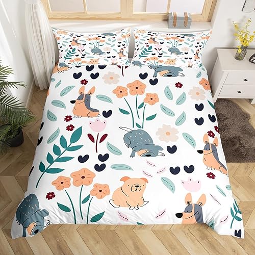 Feelyou Funda de edredón de perro de dibujos animados, juego de ropa de cama para niños y niñas, perros y flores, funda de edredón de plantas