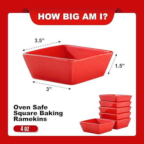 Miniatura 4 de Bruntmor Ramequines cuadrados de cerámica roja para hornear, para soufflé, crema brulee, mermeladas, salsas de inmersión, sopa de cebolla francesa,