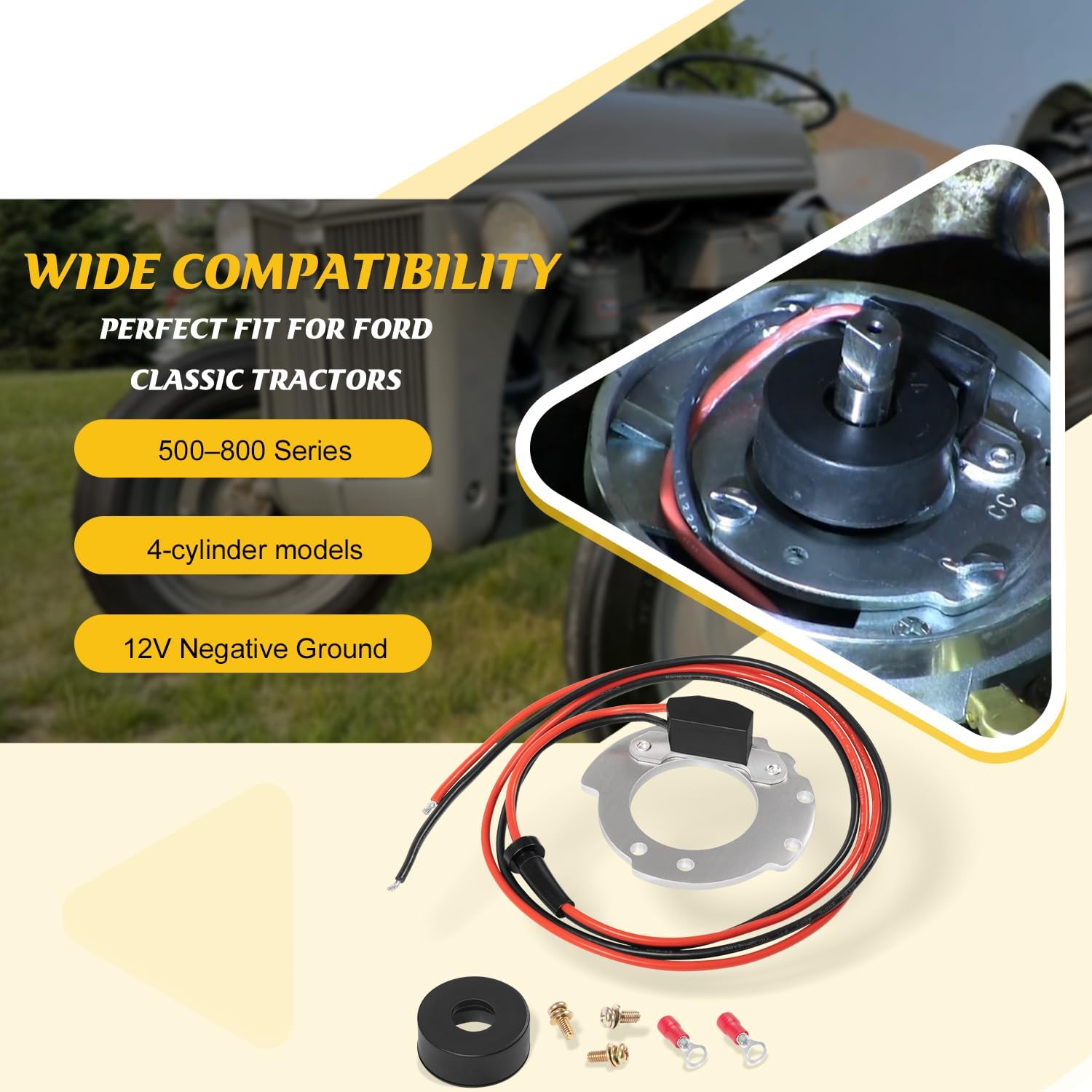 1244A Electronic Ignition Conversion Kit Replacement for Ford 4-Cylinder Tractors for Jubilee 500 600 700 800 Series, 12V Negative Ground, Side Mount Distributor, Points to Electronic Ignitor