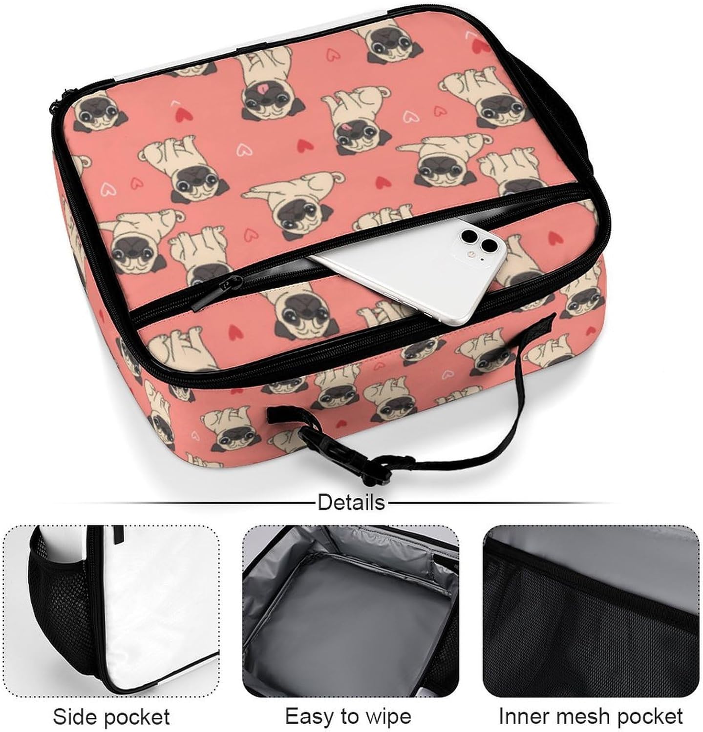Pugs Puppies Reusable Lunch Box Insulated Lunch Bag Cooler Bag Lunchbox Meal Food Container Tote Bag for Women Kids Girls School Camping Hiking Picnic Beach Travel