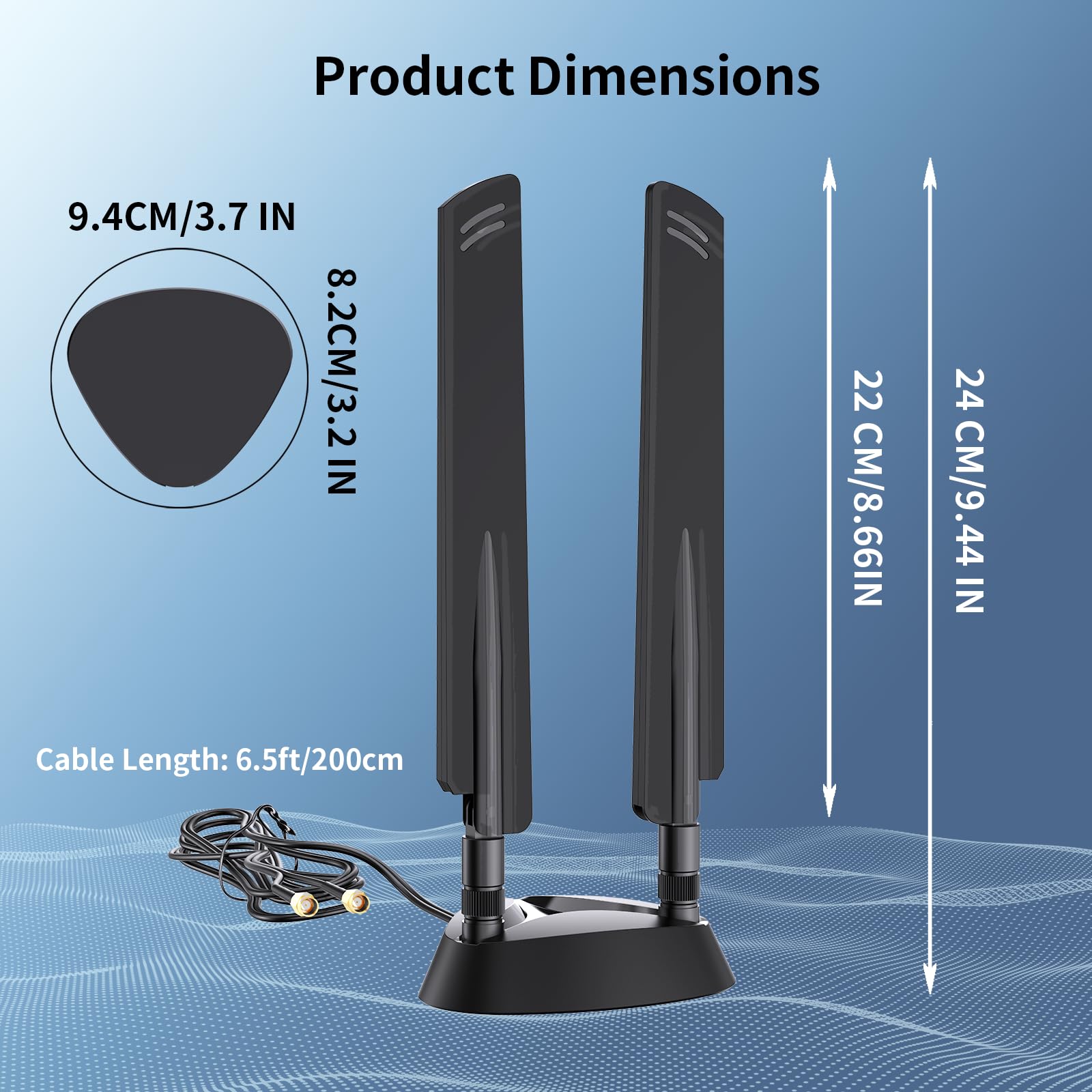 QFly Antena WiFi 6e Tri-Band 6GHz/5GHz/2.4GHz RP-SMA Antenas Wi-Fi con base magnética y cable de extensión de 6.5 pies para PC de escritorio PCIE adaptador de tarjeta inalámbrico router