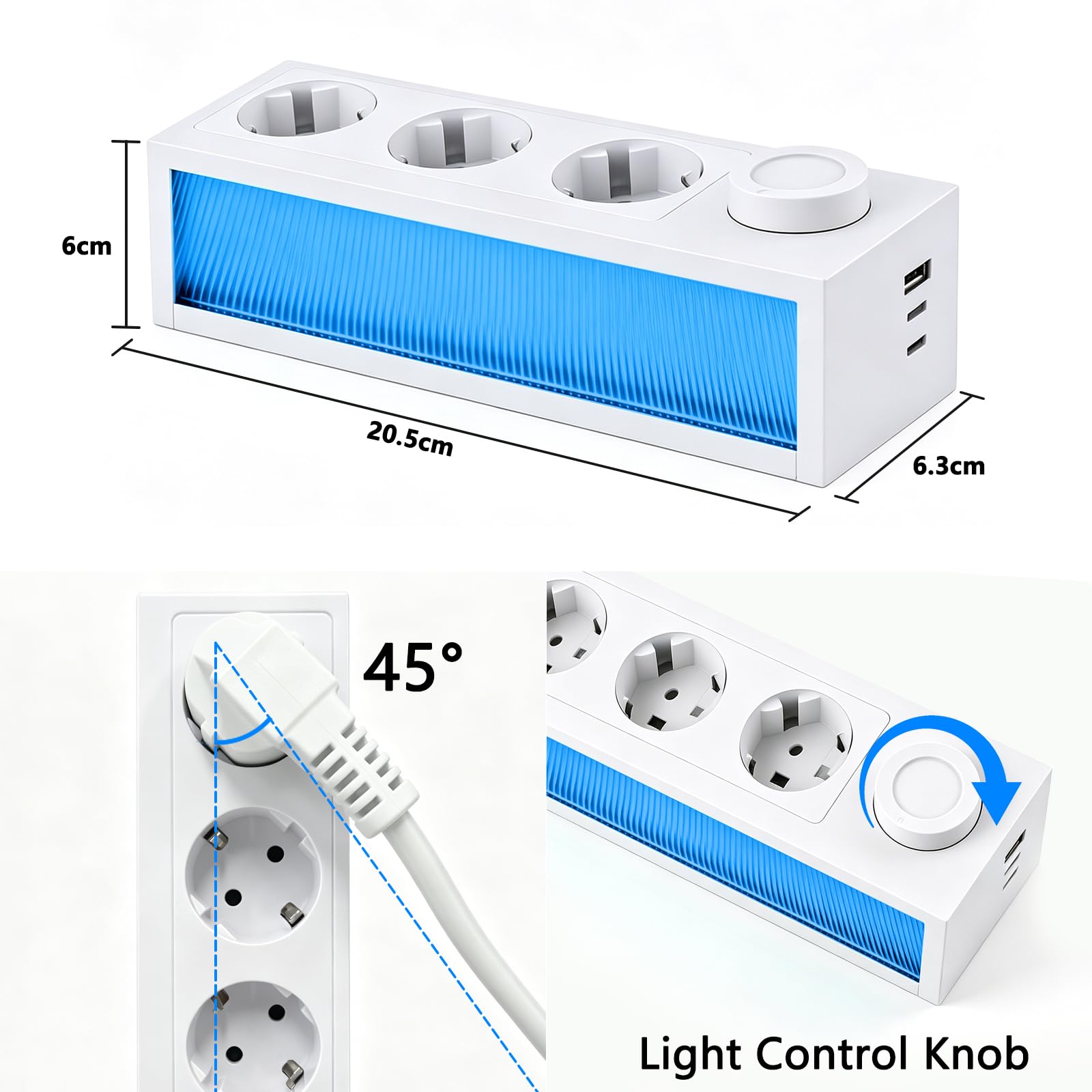 Listwa zasilająca z białym światłem RGB, 7 w 1 gniazdo wtykowe (3 gniazda, 3 USB), gniazdko + światło neonowe + lampka nocna, 3680 W, wtyczka wielokrotna z ochroną przed przepięciem, kabel 1,5 m, do