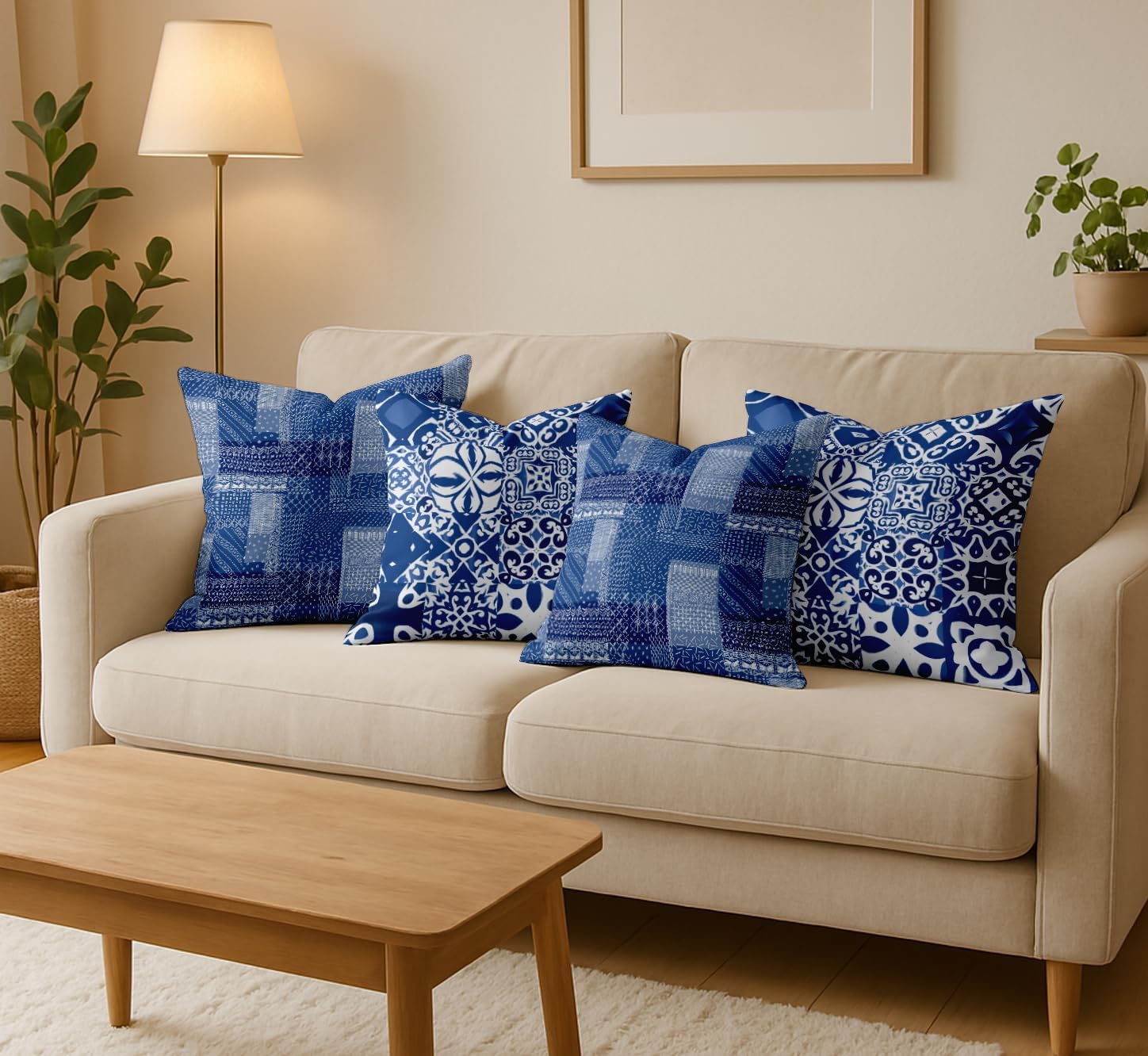 Set of 4 16x16 Inch Pillow Covers - 100% Cotton, Decorative Patchwork Print, Double-Sided Print with Concealed Zipper - Filler Not Included - Blue