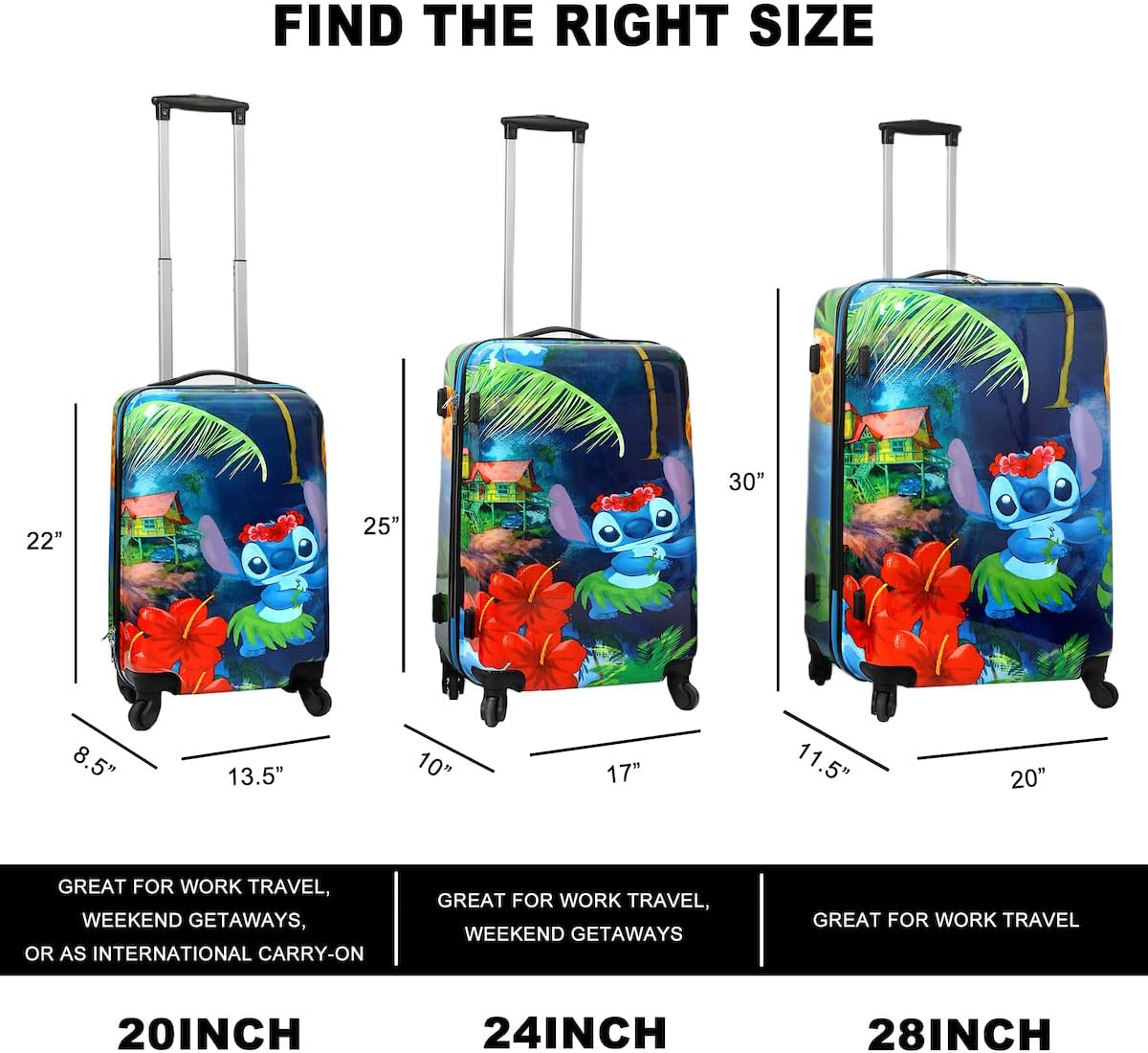 Bioworld Lilo and Stitch 3-Piece Luggage Set - 20", 24", and 28" Rolling Suitcases